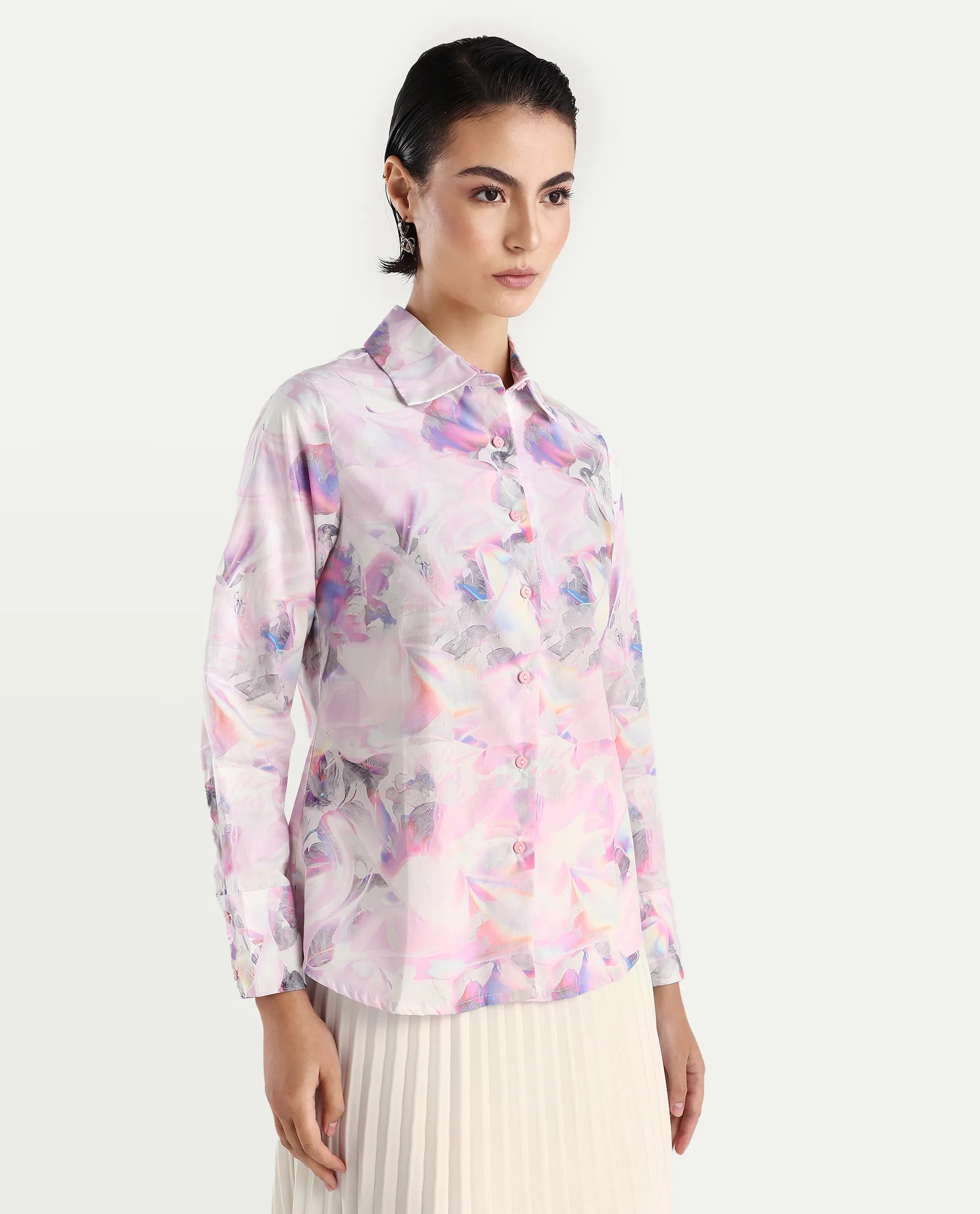 Rareism Women's Ronton Multi Cotton Ribbed Collar Abstract Print Cuffed Sleeve Regular Fit Top - Image 6