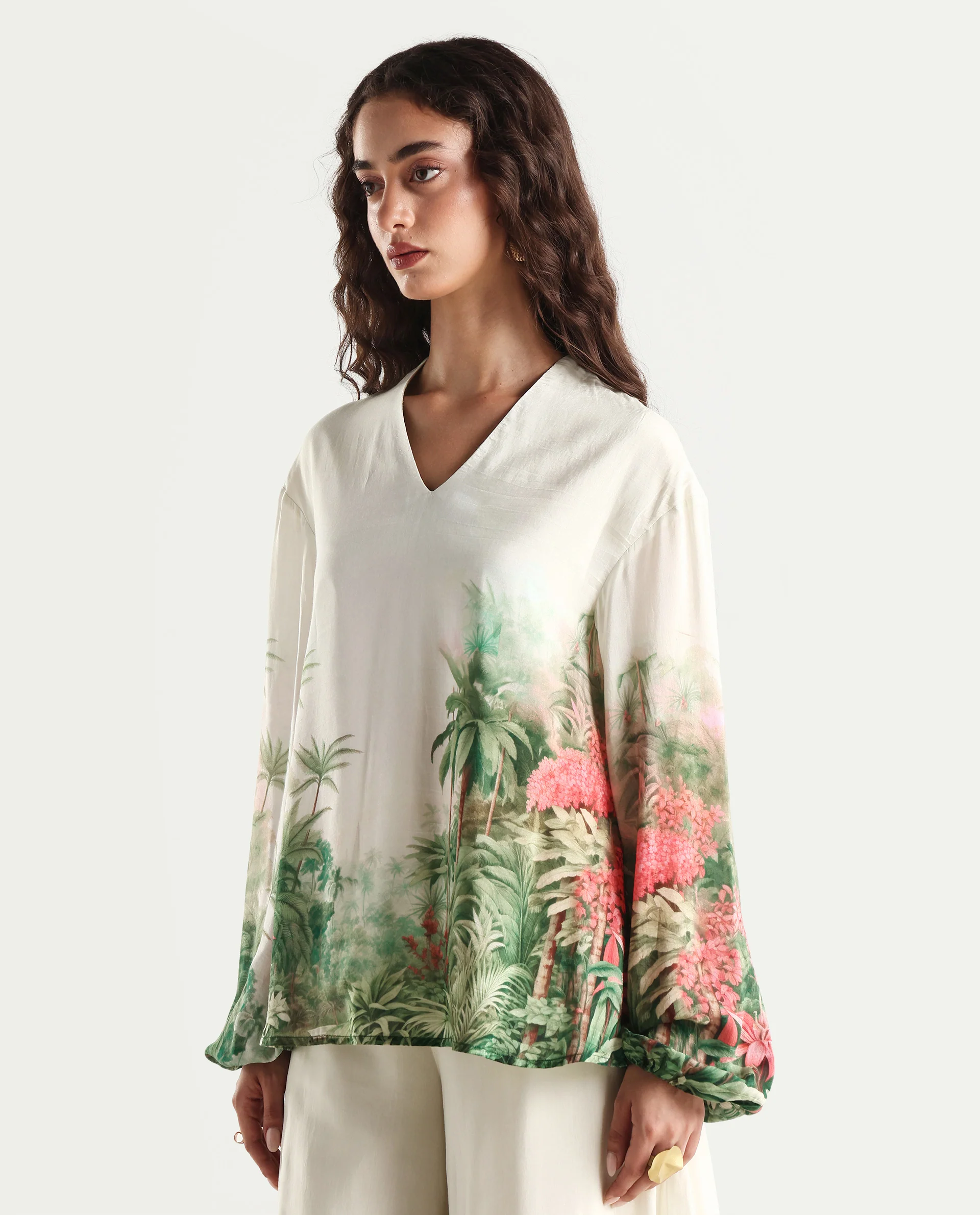 Rareism Women's Rontro T Green Cotton Blend V-Neck Tropical Print Bishop Sleeve Regular Fit Top - Image 5