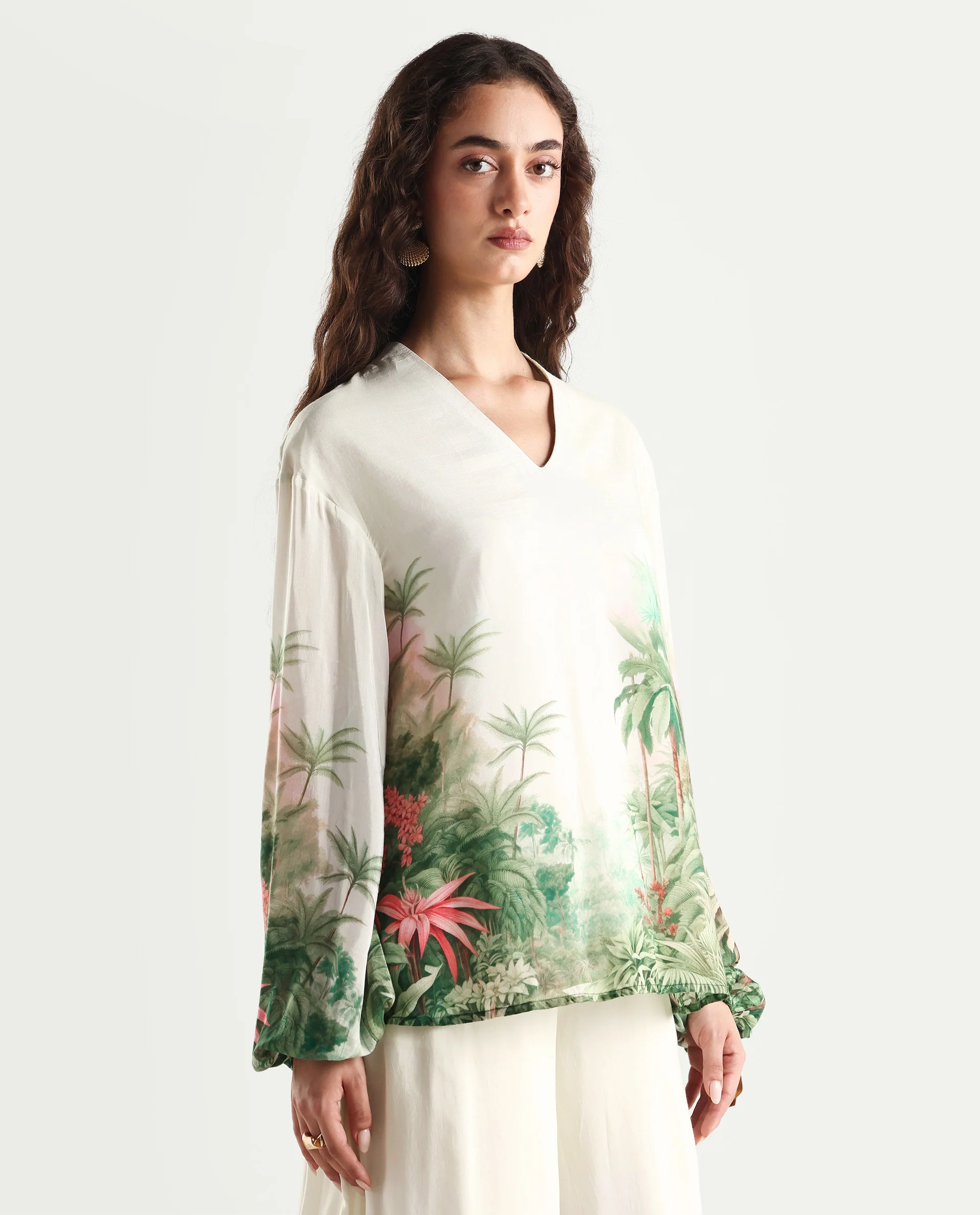 Rareism Women's Rontro T Green Cotton Blend V-Neck Tropical Print Bishop Sleeve Regular Fit Top - Image 6
