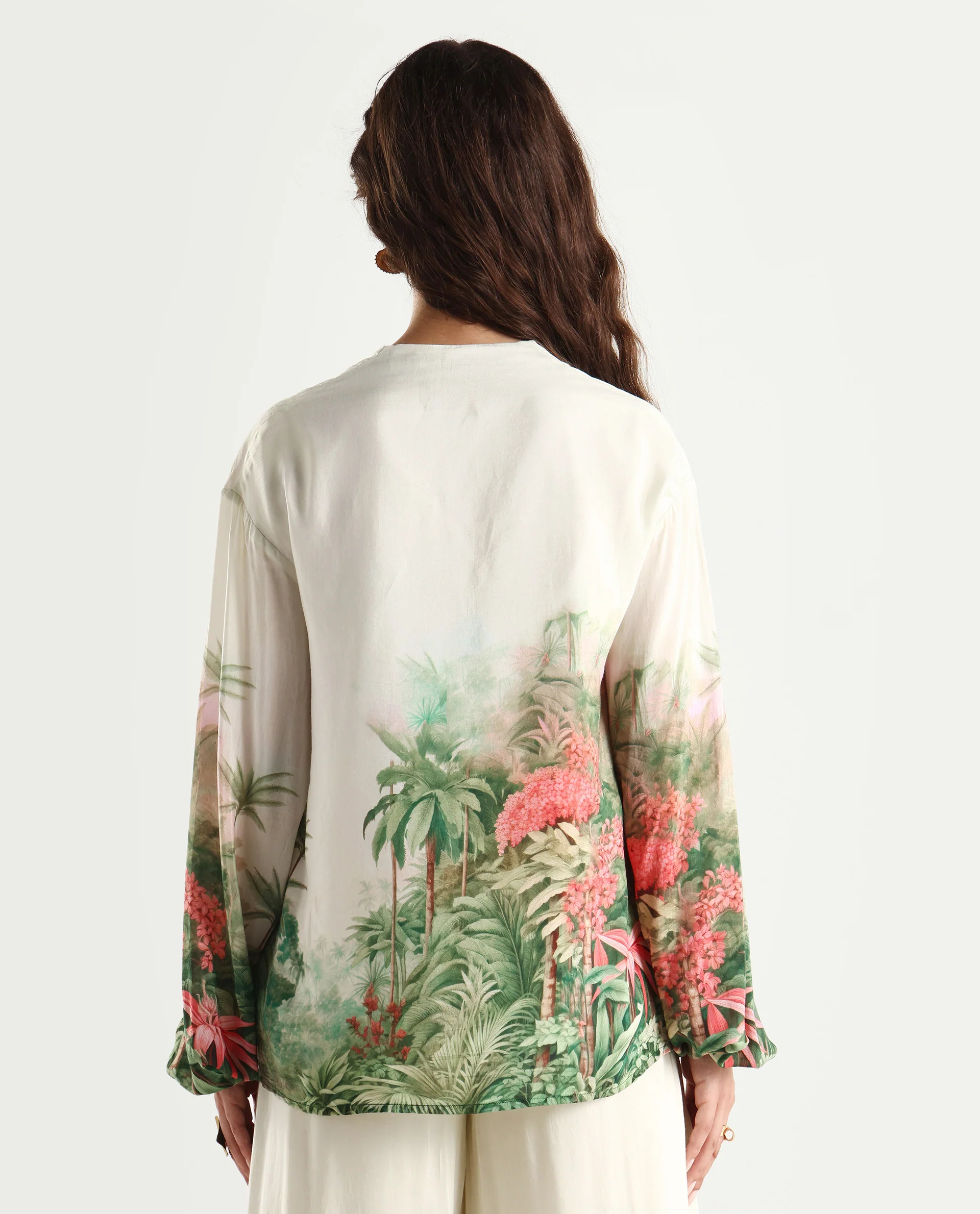 Rareism Women's Rontro T Green Cotton Blend V-Neck Tropical Print Bishop Sleeve Regular Fit Top - Image 7