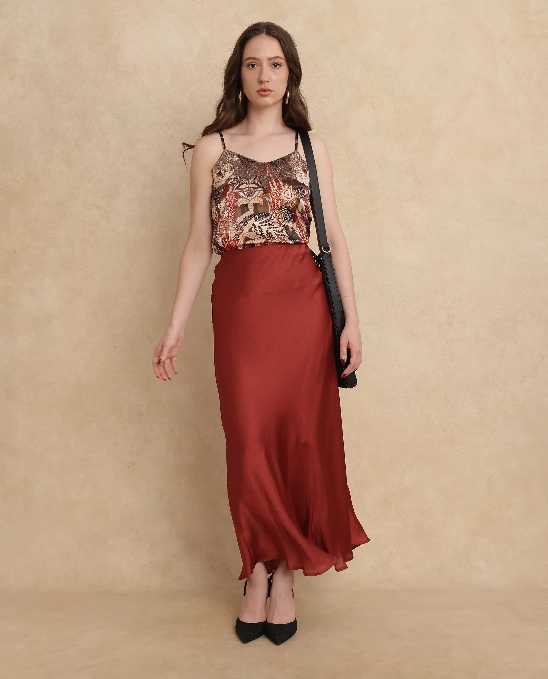Rareism Women's Ronu B Rust Polyester Plain Maxi Fitted Skirt - Image 2