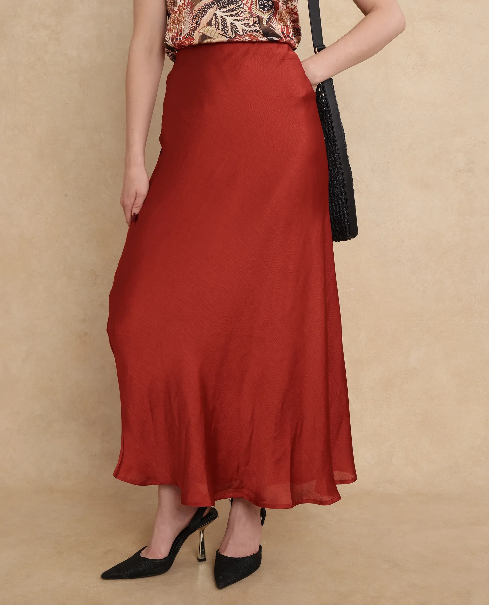 Rareism Women's Ronu B Rust Polyester Plain Maxi Fitted Skirt - Image 3