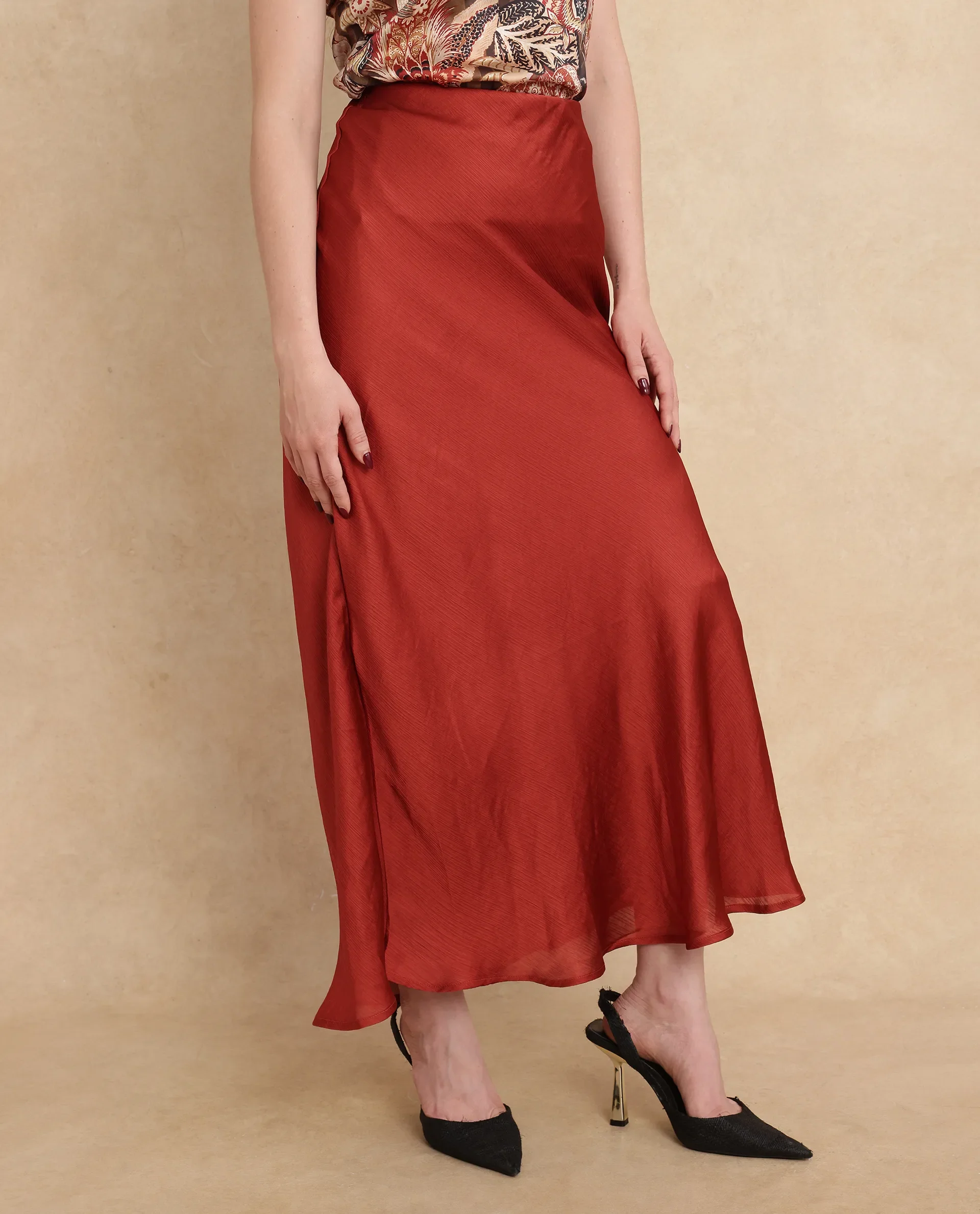 Rareism Women's Ronu B Rust Polyester Plain Maxi Fitted Skirt - Image 5