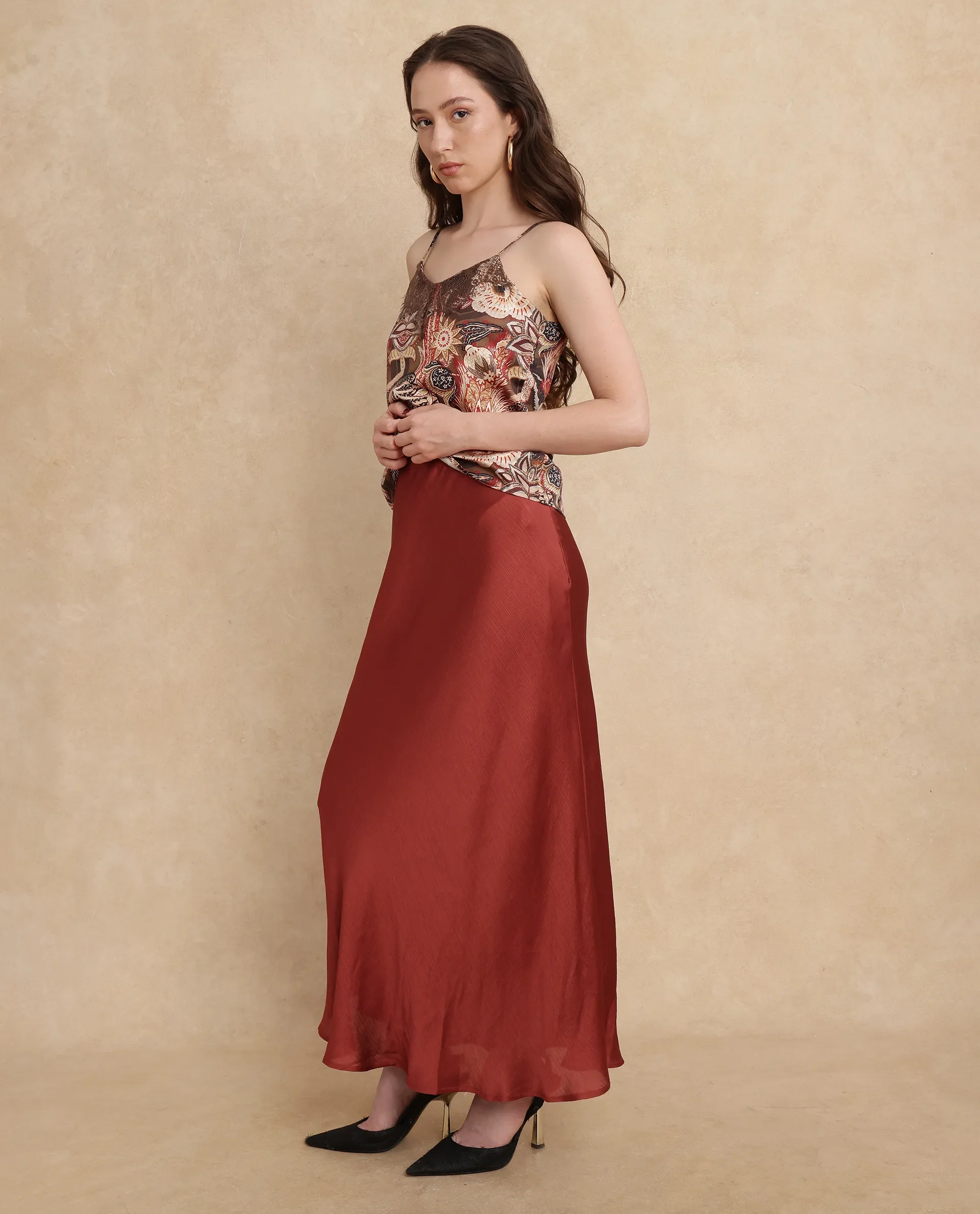 Rareism Women's Ronu B Rust Polyester Plain Maxi Fitted Skirt - Image 7
