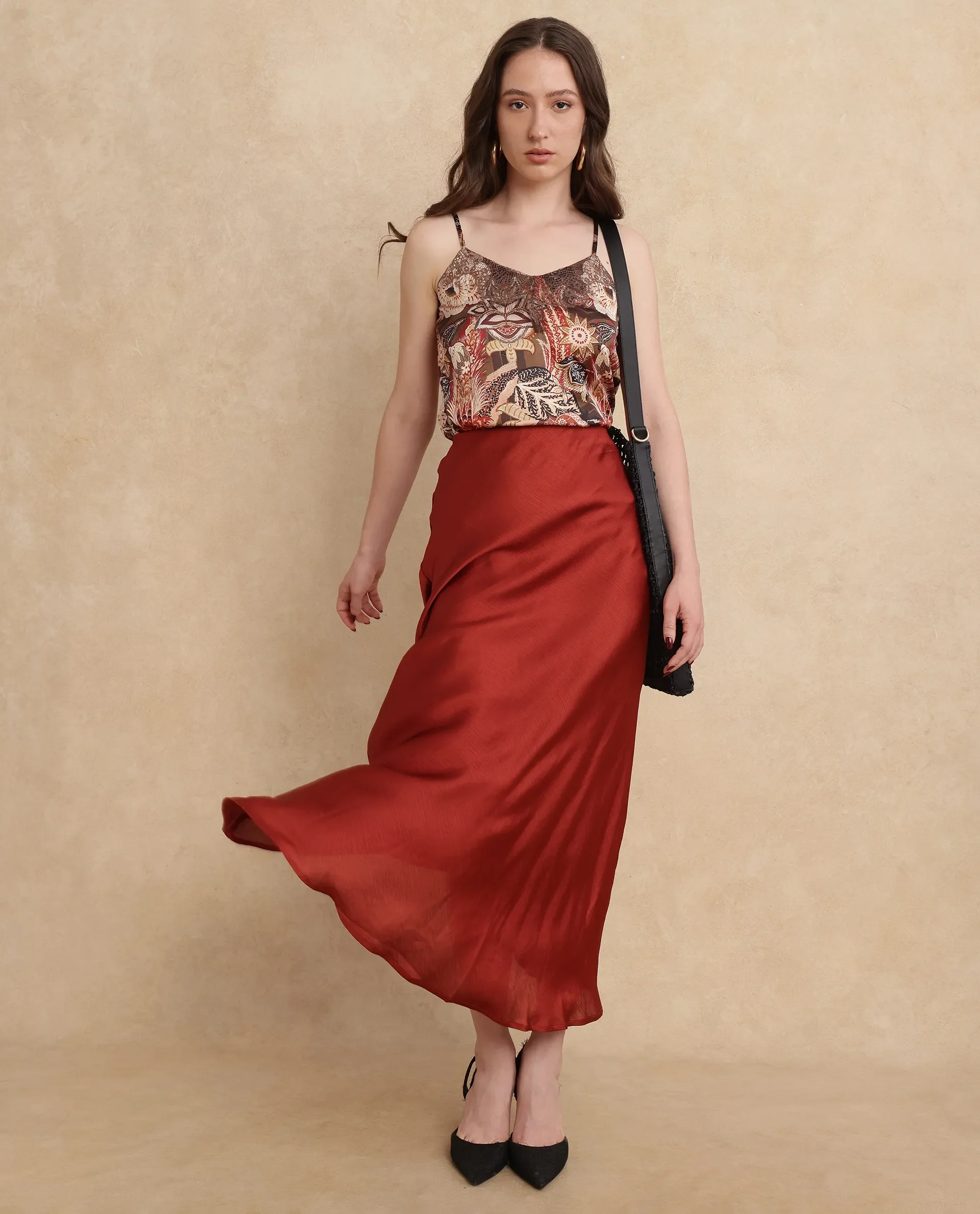 Rareism Women's Ronu B Rust Polyester Plain Maxi Fitted Skirt - Image 9