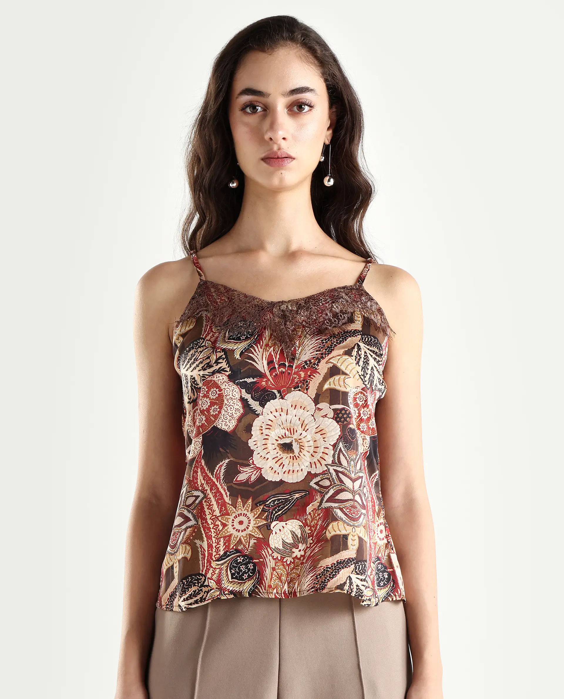 Rareism Women's Ronu Brown Polyester V-Neck Abstract Print Sleeveless Regular Fit Top - Image 3