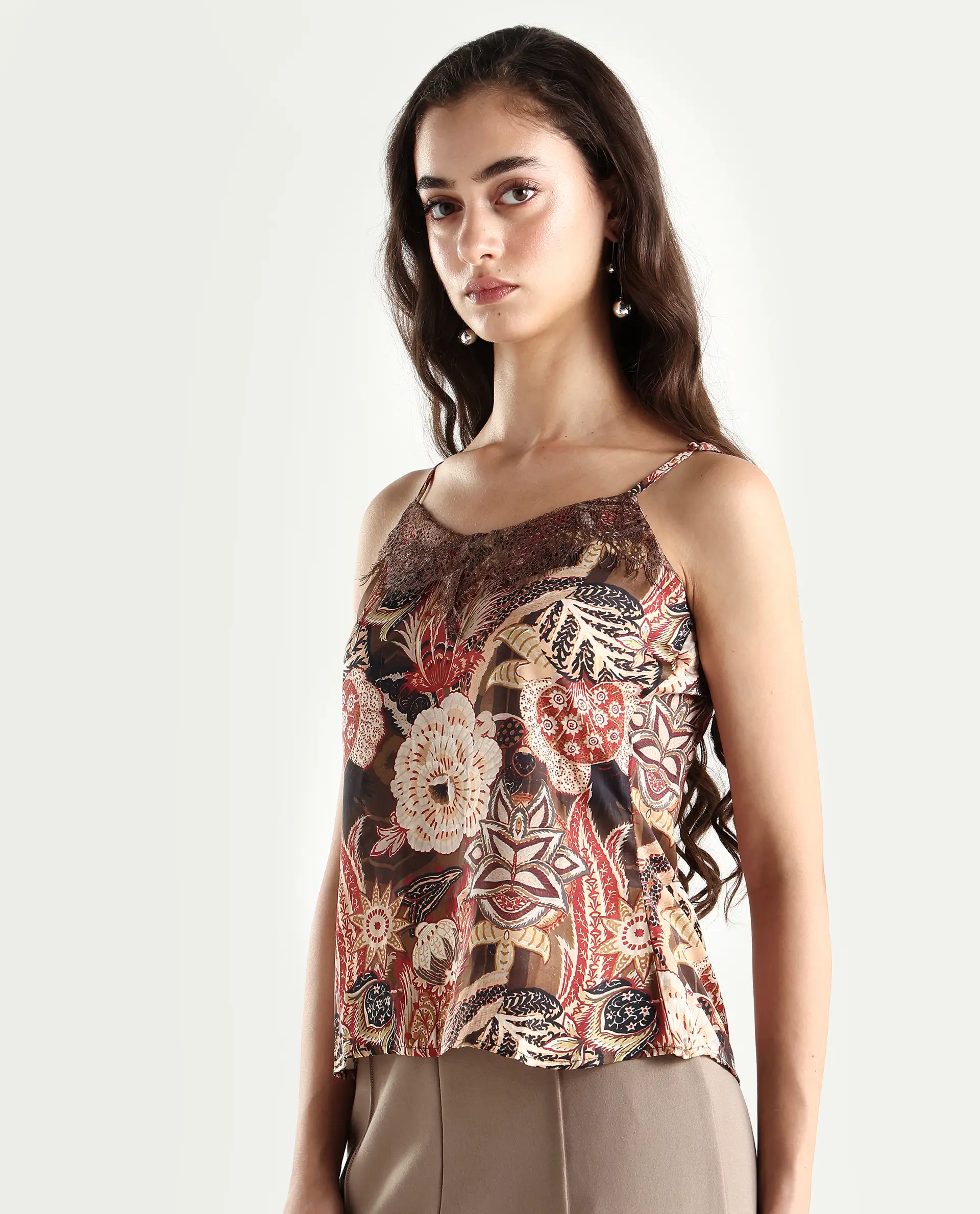 Rareism Women's Ronu Brown Polyester V-Neck Abstract Print Sleeveless Regular Fit Top - Image 5