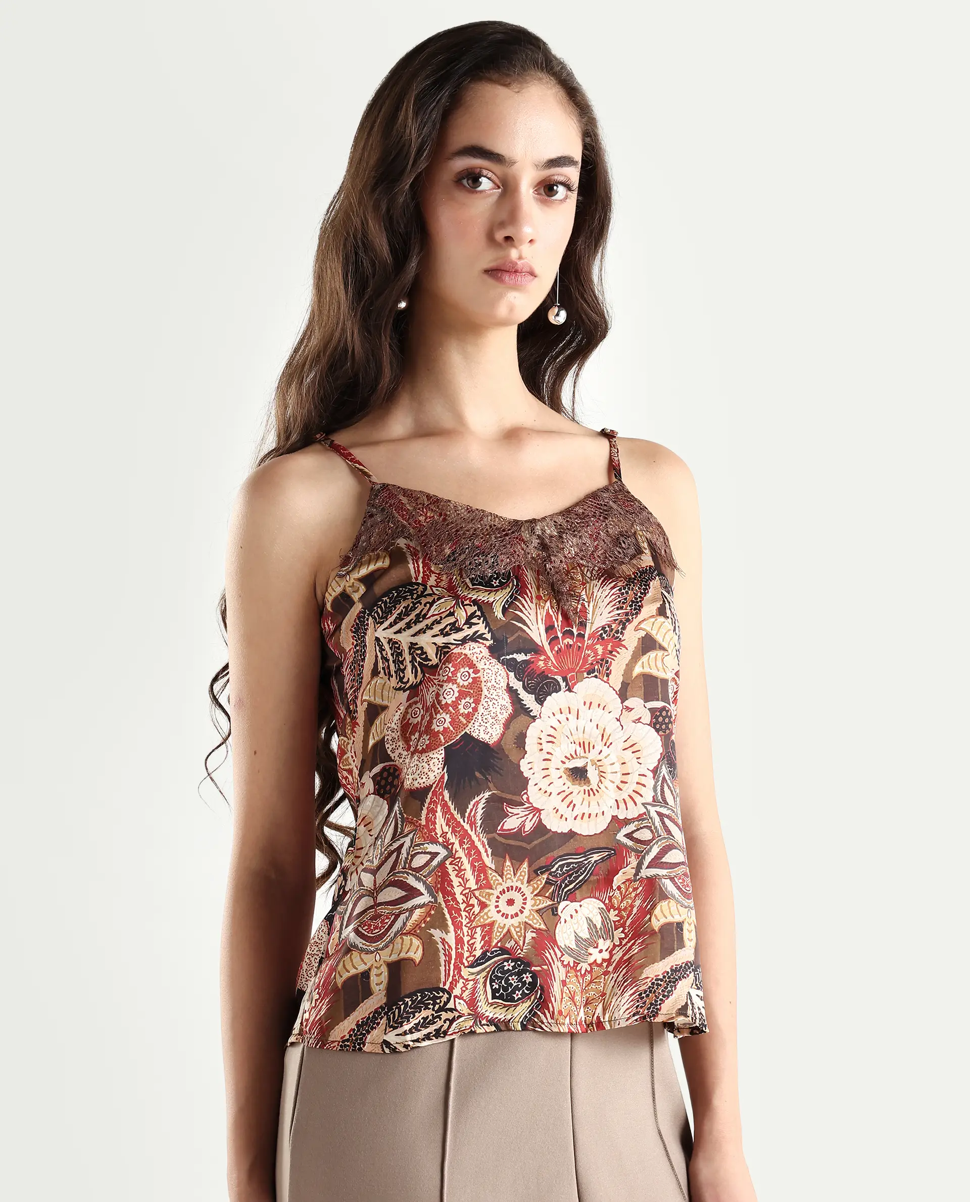 Rareism Women's Ronu Brown Polyester V-Neck Abstract Print Sleeveless Regular Fit Top - Image 6