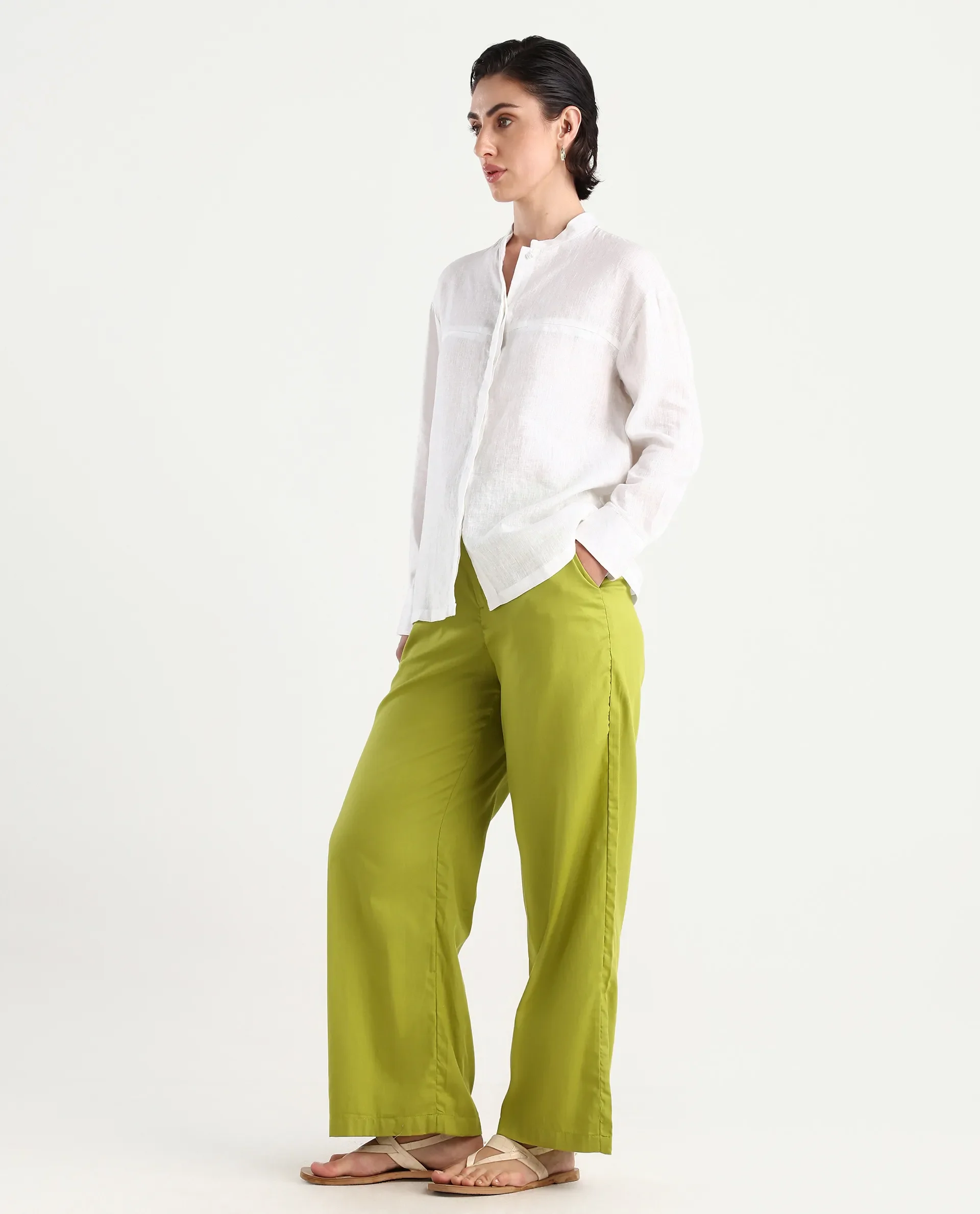Rareism Women's Ronuo Olive Cotton Plain Ankle Length Straight Fit Trouser - Image 5