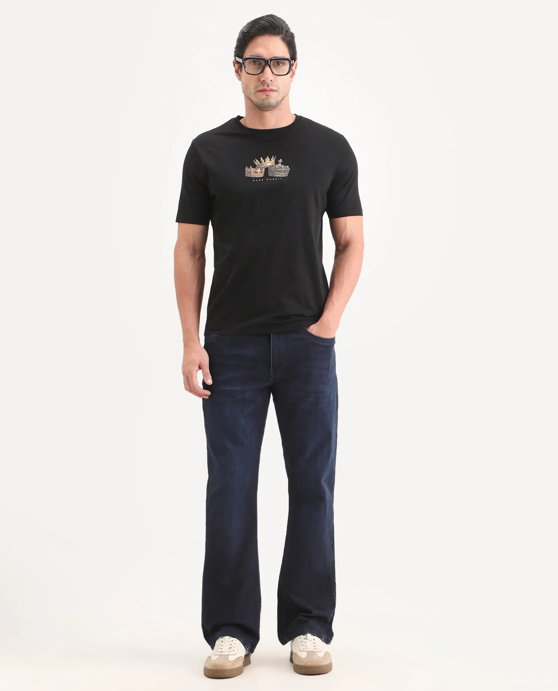 Rare Rabbit Men's Ronw Black Cotton Fabric Half Sleeve Crew Neck Regular Fit Graphic Print T-Shirt - Image 2