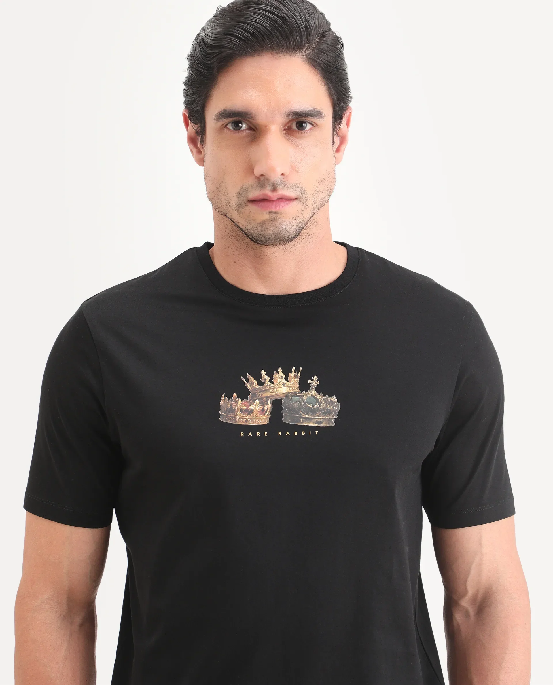 Rare Rabbit Men's Ronw Black Cotton Fabric Half Sleeve Crew Neck Regular Fit Graphic Print T-Shirt - Image 3