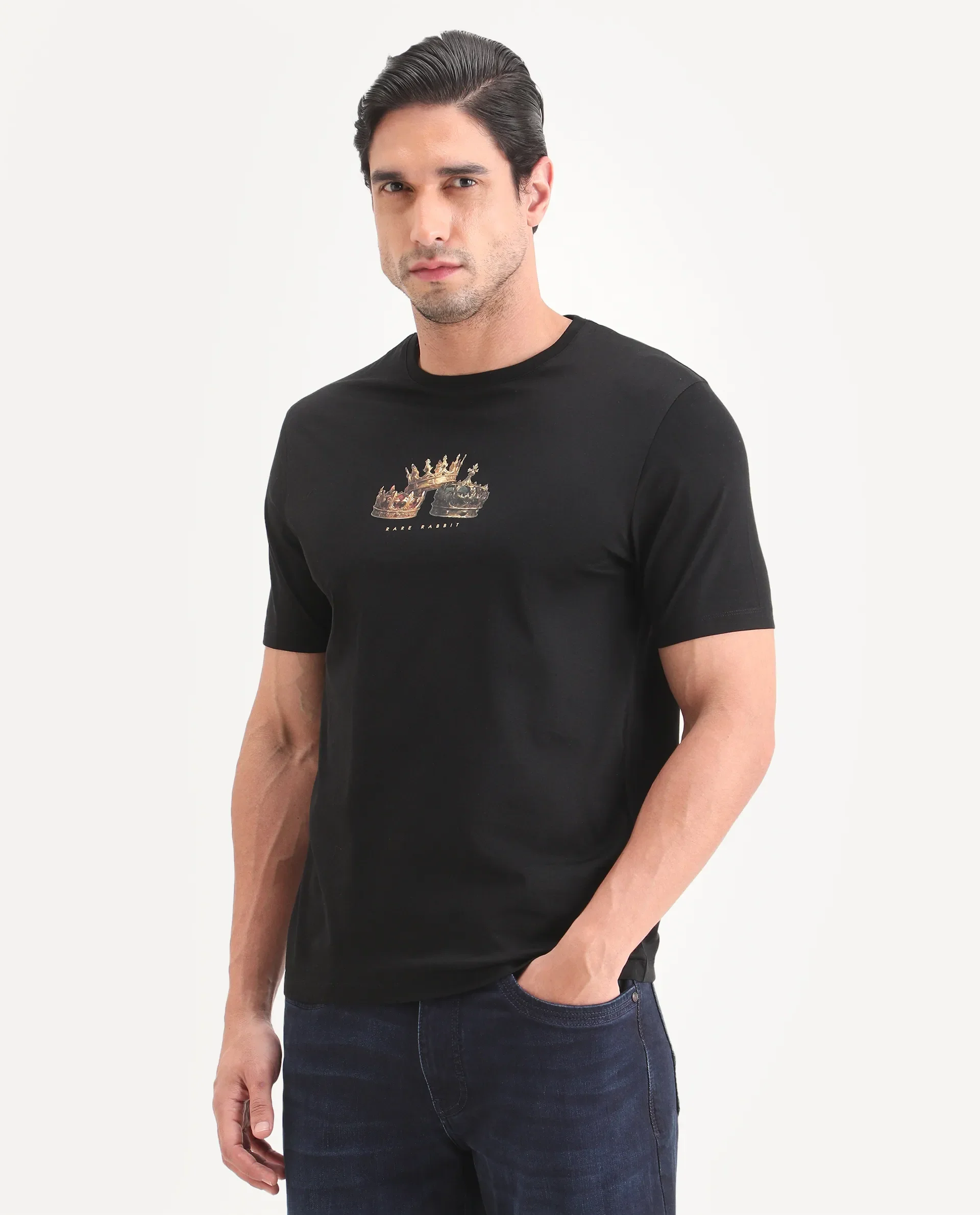 Rare Rabbit Men's Ronw Black Cotton Fabric Half Sleeve Crew Neck Regular Fit Graphic Print T-Shirt - Image 4