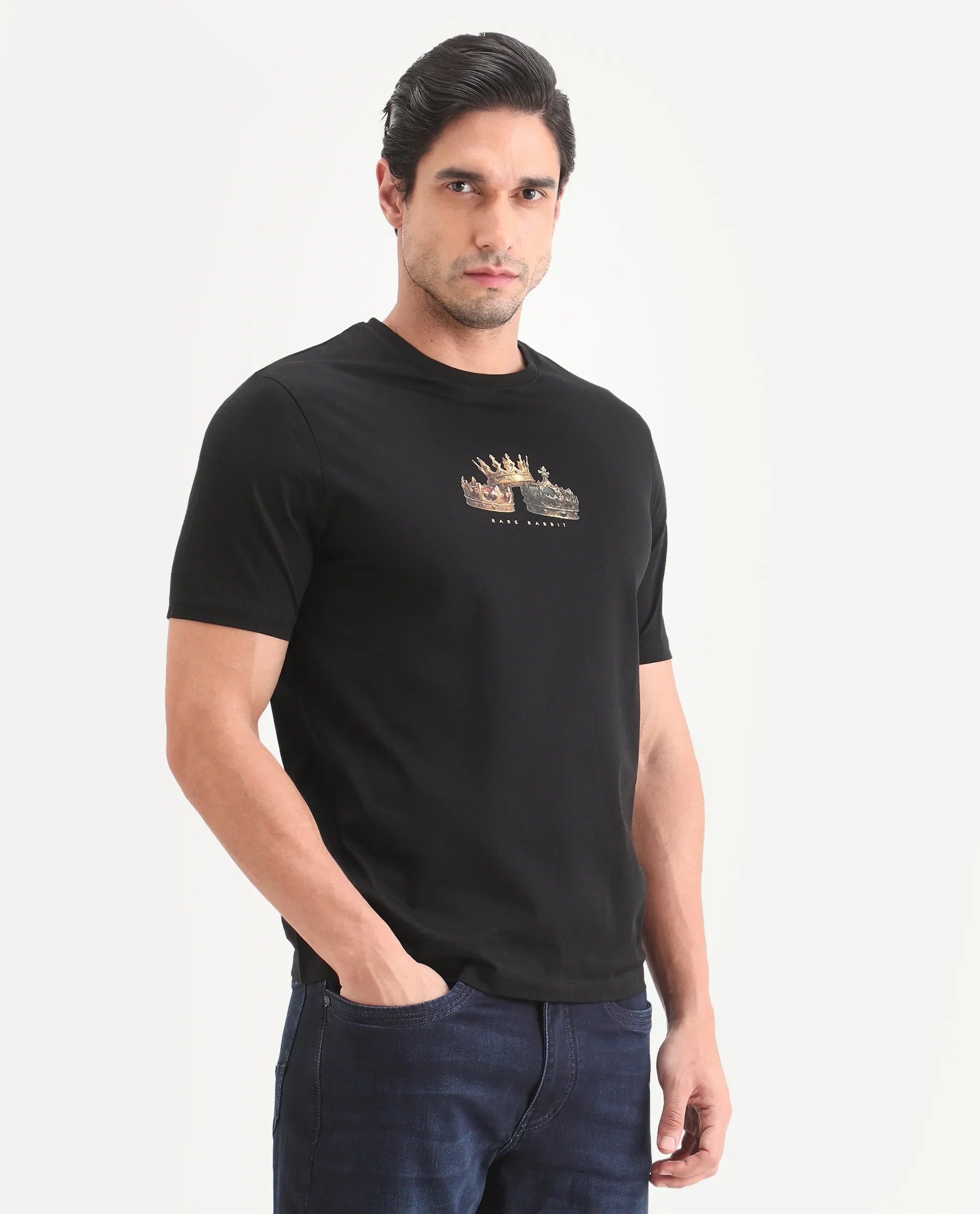 Rare Rabbit Men's Ronw Black Cotton Fabric Half Sleeve Crew Neck Regular Fit Graphic Print T-Shirt - Image 5