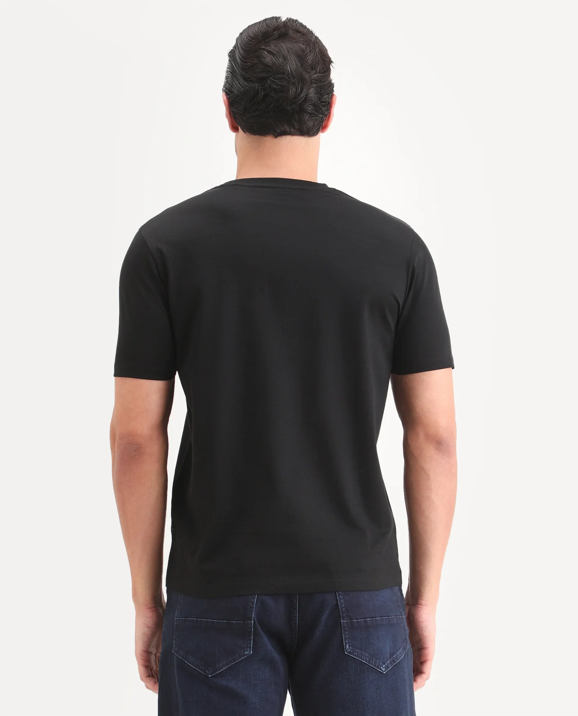 Rare Rabbit Men's Ronw Black Cotton Fabric Half Sleeve Crew Neck Regular Fit Graphic Print T-Shirt - Image 6