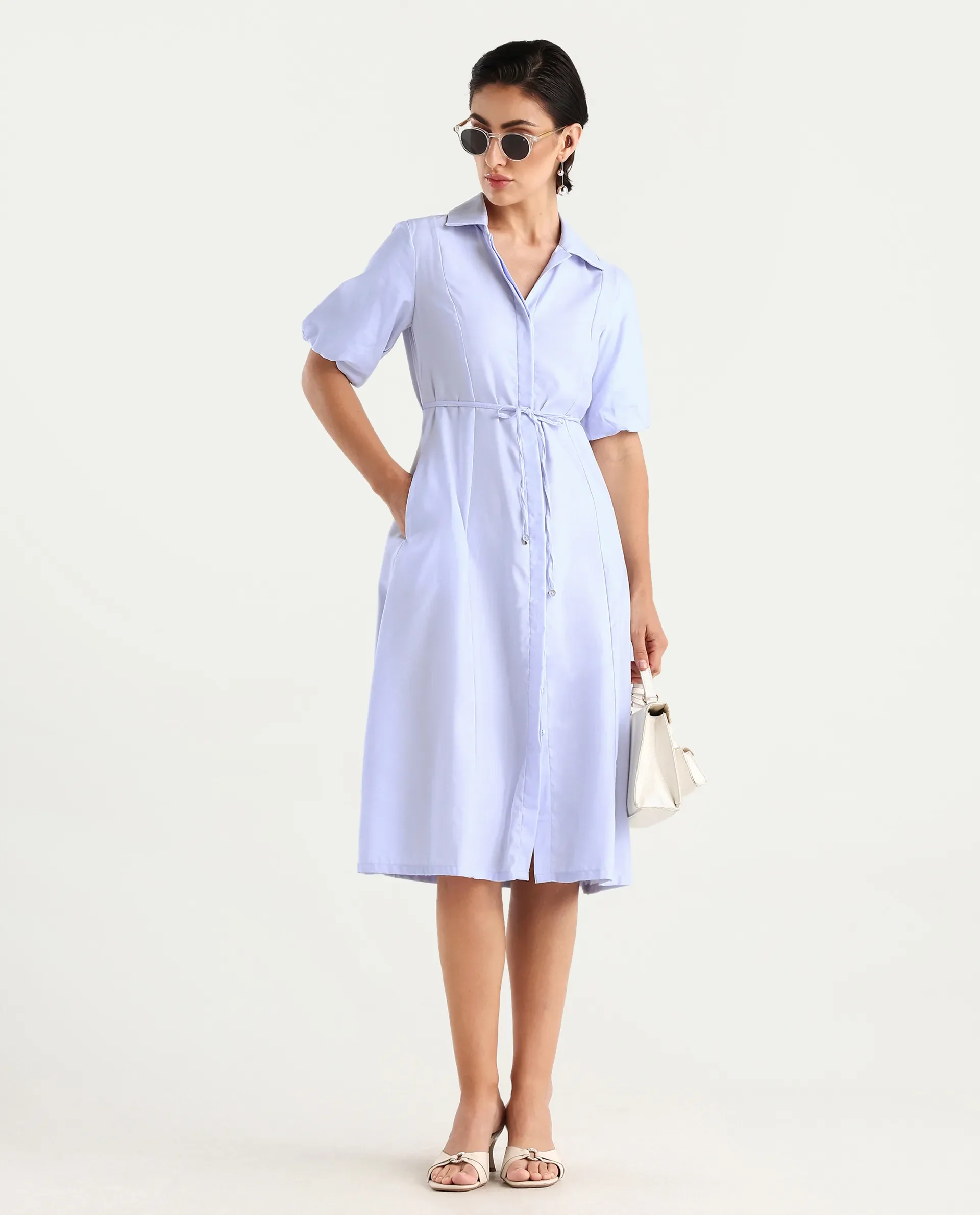 Rareism Women's Ronwer Blue Cotton Blend Spread Collar Plain Balloon Sleeve Midi Fit And Flare Dress - Image 2