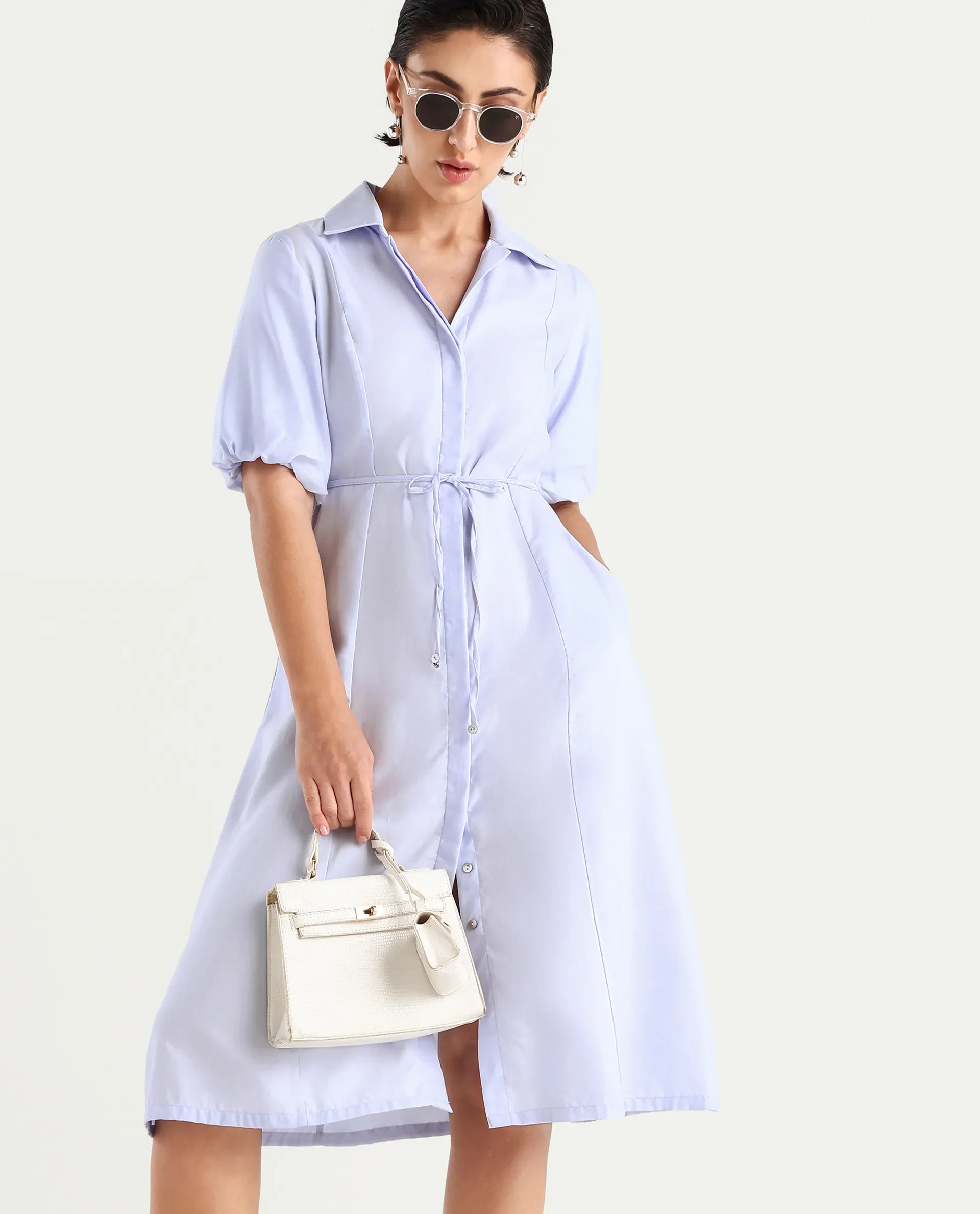 Rareism Women's Ronwer Blue Cotton Blend Spread Collar Plain Balloon Sleeve Midi Fit And Flare Dress - Image 3