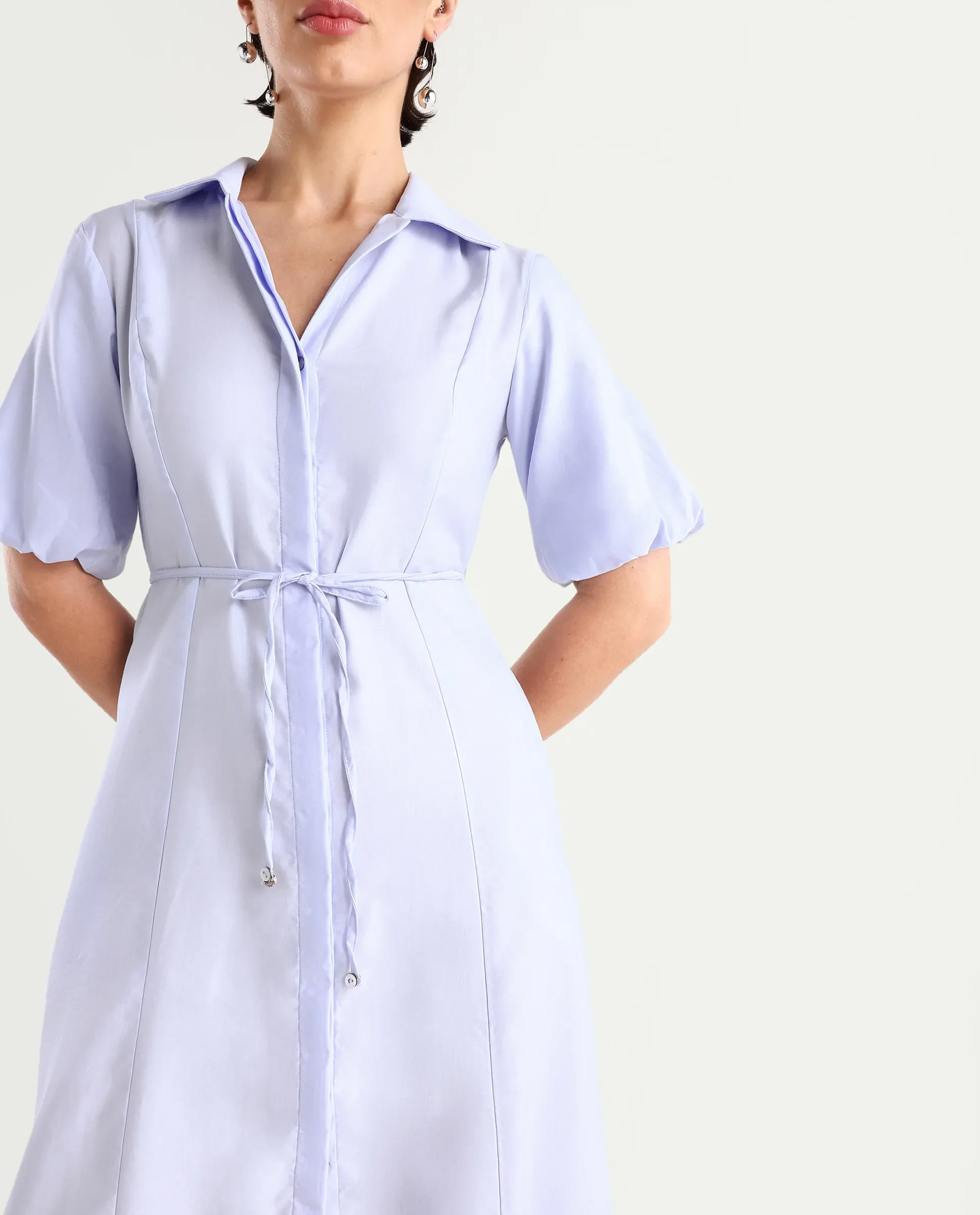 Rareism Women's Ronwer Blue Cotton Blend Spread Collar Plain Balloon Sleeve Midi Fit And Flare Dress - Image 4