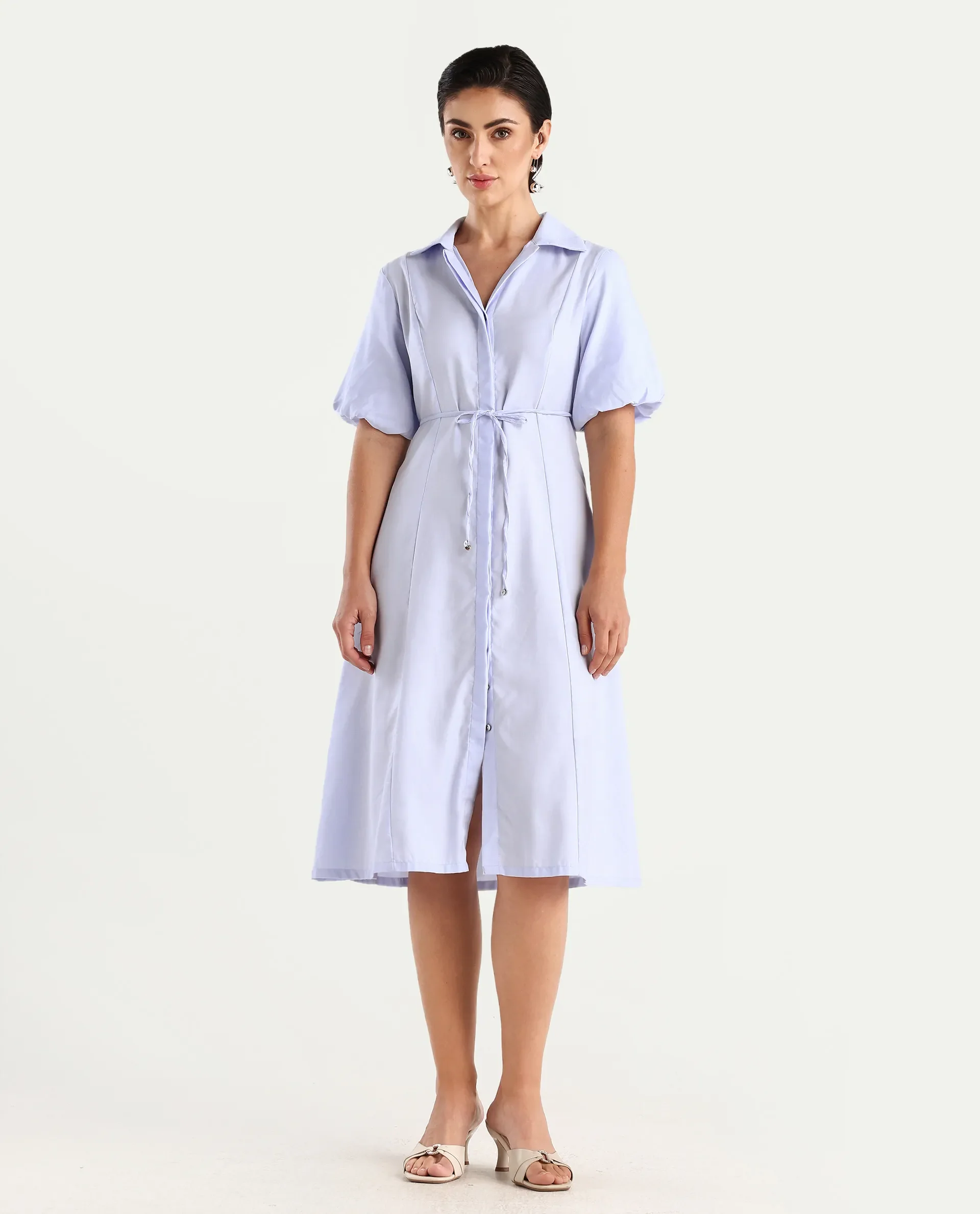 Rareism Women's Ronwer Blue Cotton Blend Spread Collar Plain Balloon Sleeve Midi Fit And Flare Dress - Image 5