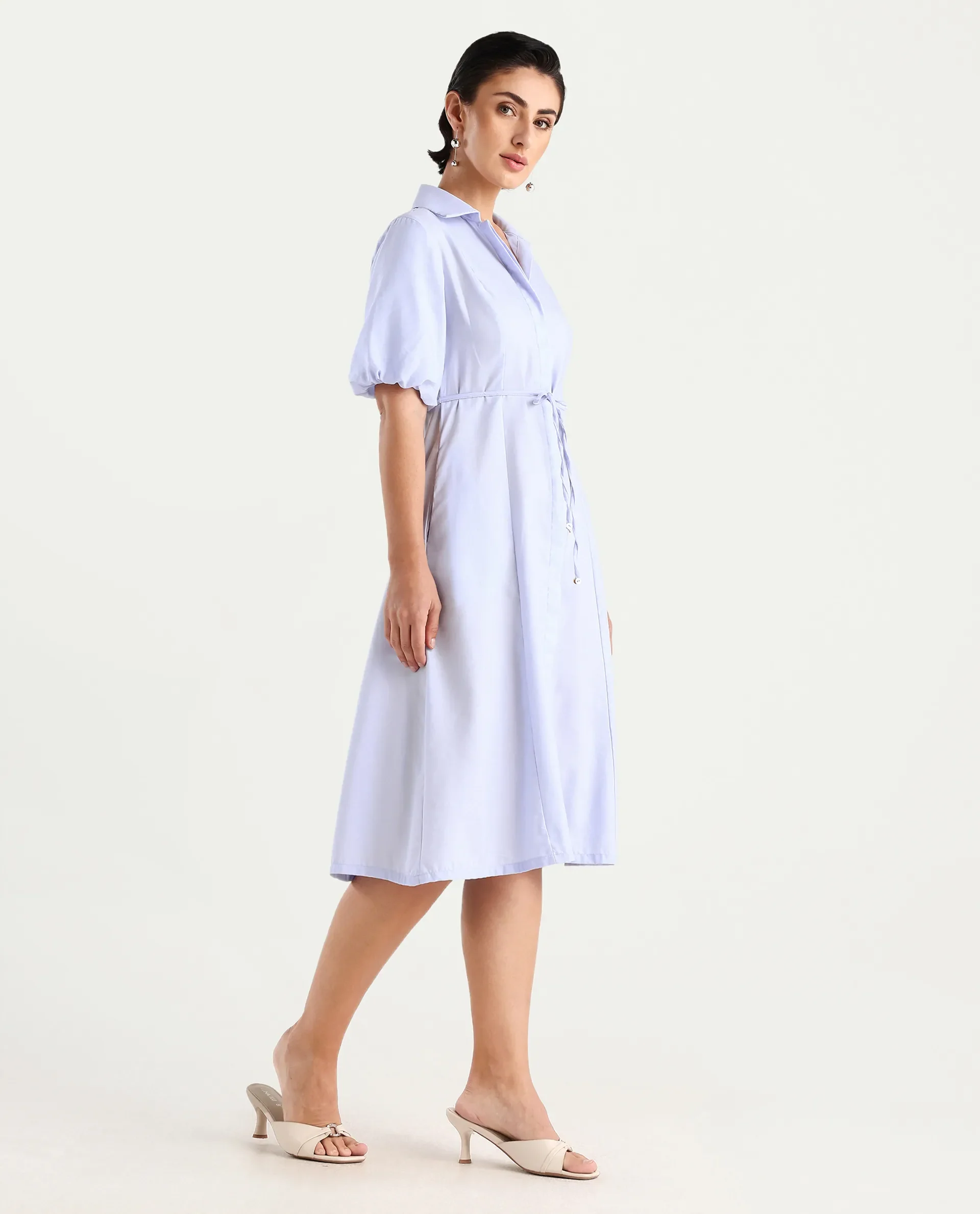 Rareism Women's Ronwer Blue Cotton Blend Spread Collar Plain Balloon Sleeve Midi Fit And Flare Dress - Image 6