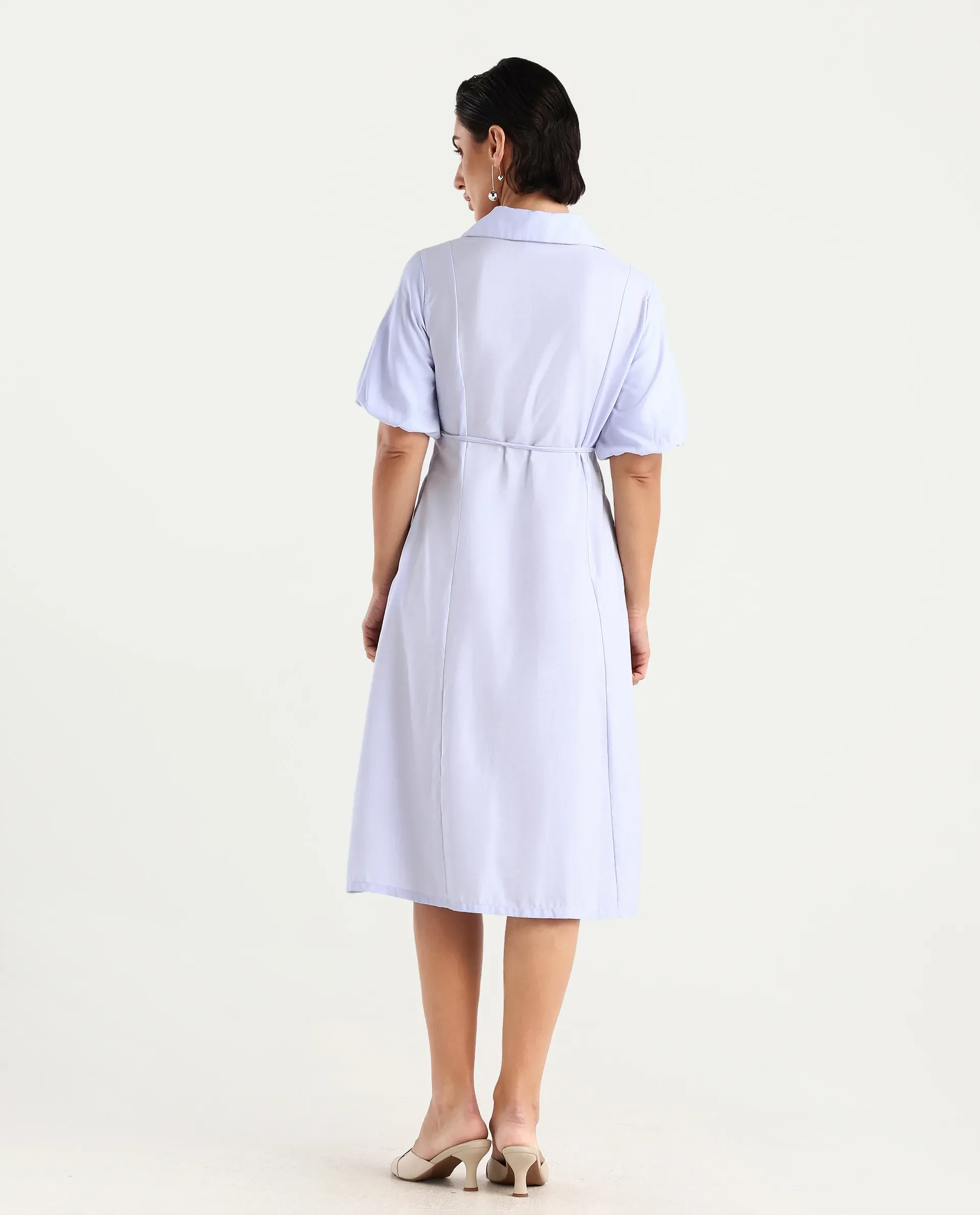 Rareism Women's Ronwer Blue Cotton Blend Spread Collar Plain Balloon Sleeve Midi Fit And Flare Dress - Image 7