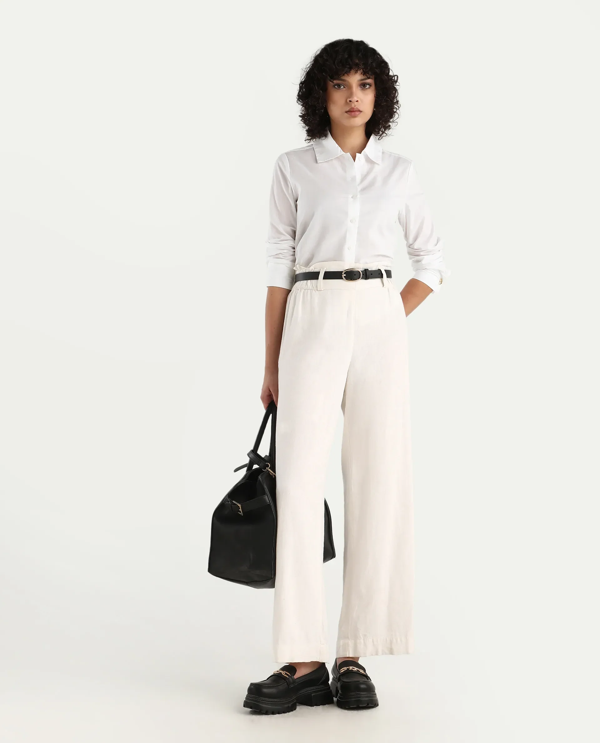 Rareism Women's Ronwio White Cotton Spread Collar Plain Cuffed Sleeve Crop Regular Fit Shirt - Image 2