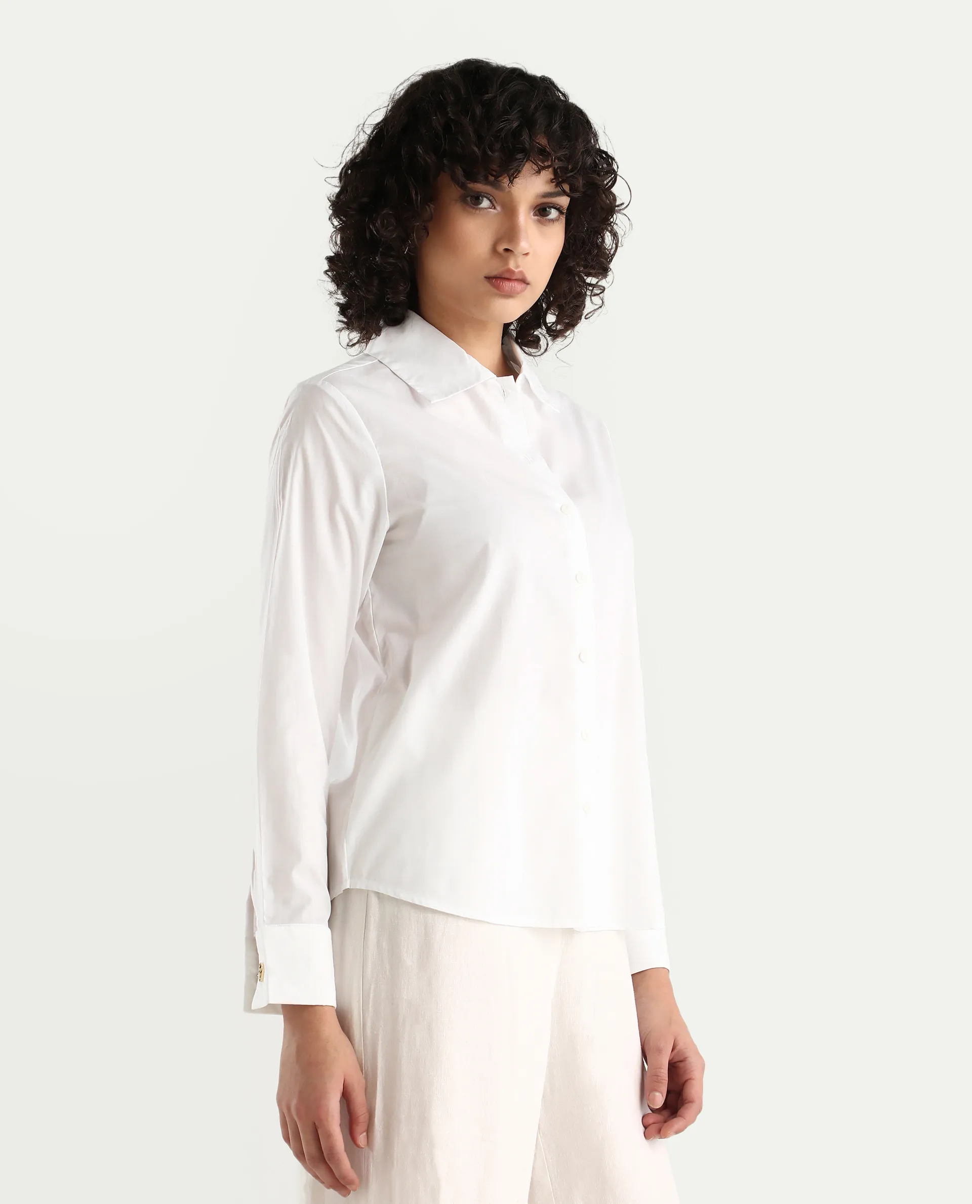 Rareism Women's Ronwio White Cotton Spread Collar Plain Cuffed Sleeve Crop Regular Fit Shirt - Image 5