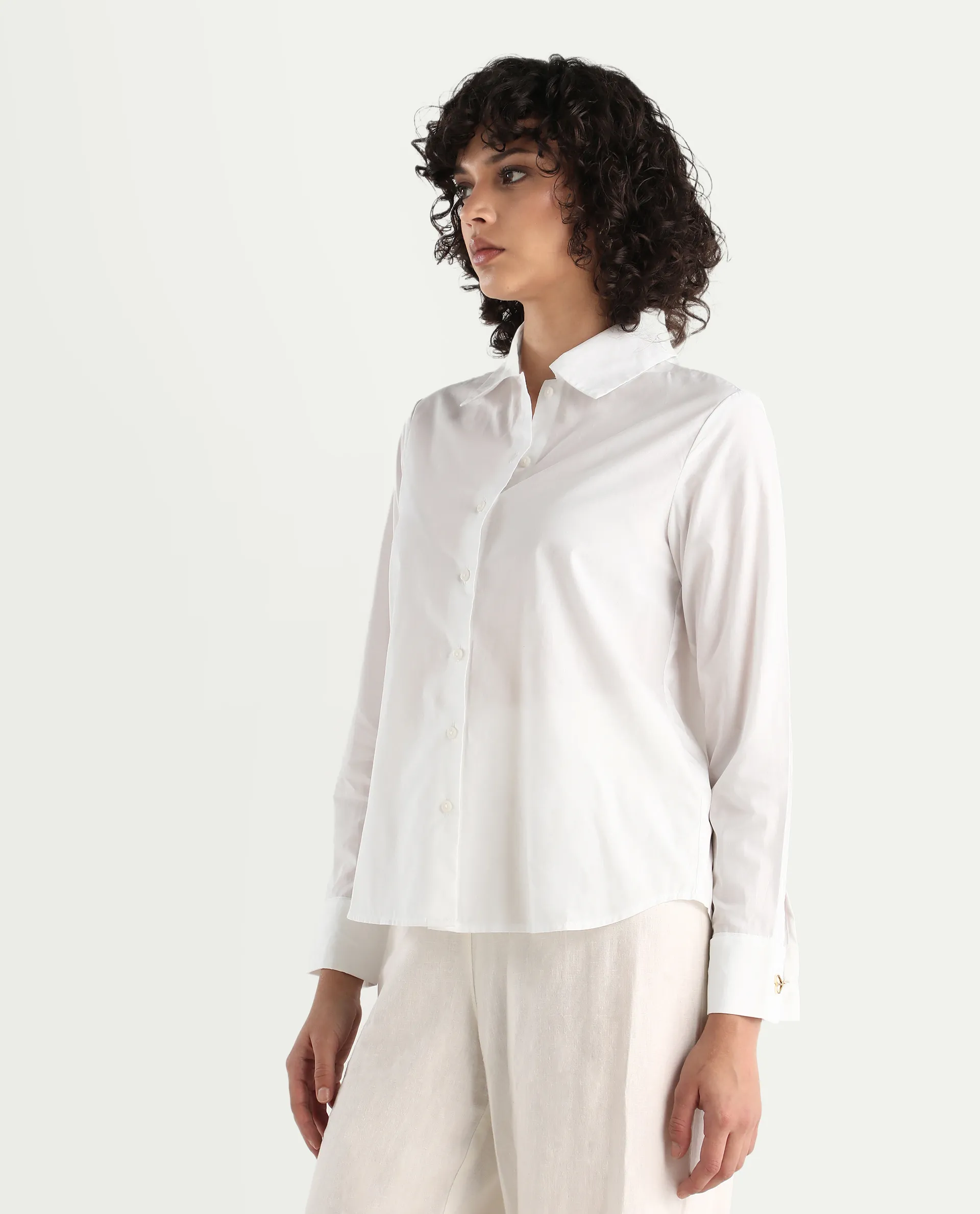 Rareism Women's Ronwio White Cotton Spread Collar Plain Cuffed Sleeve Crop Regular Fit Shirt - Image 6