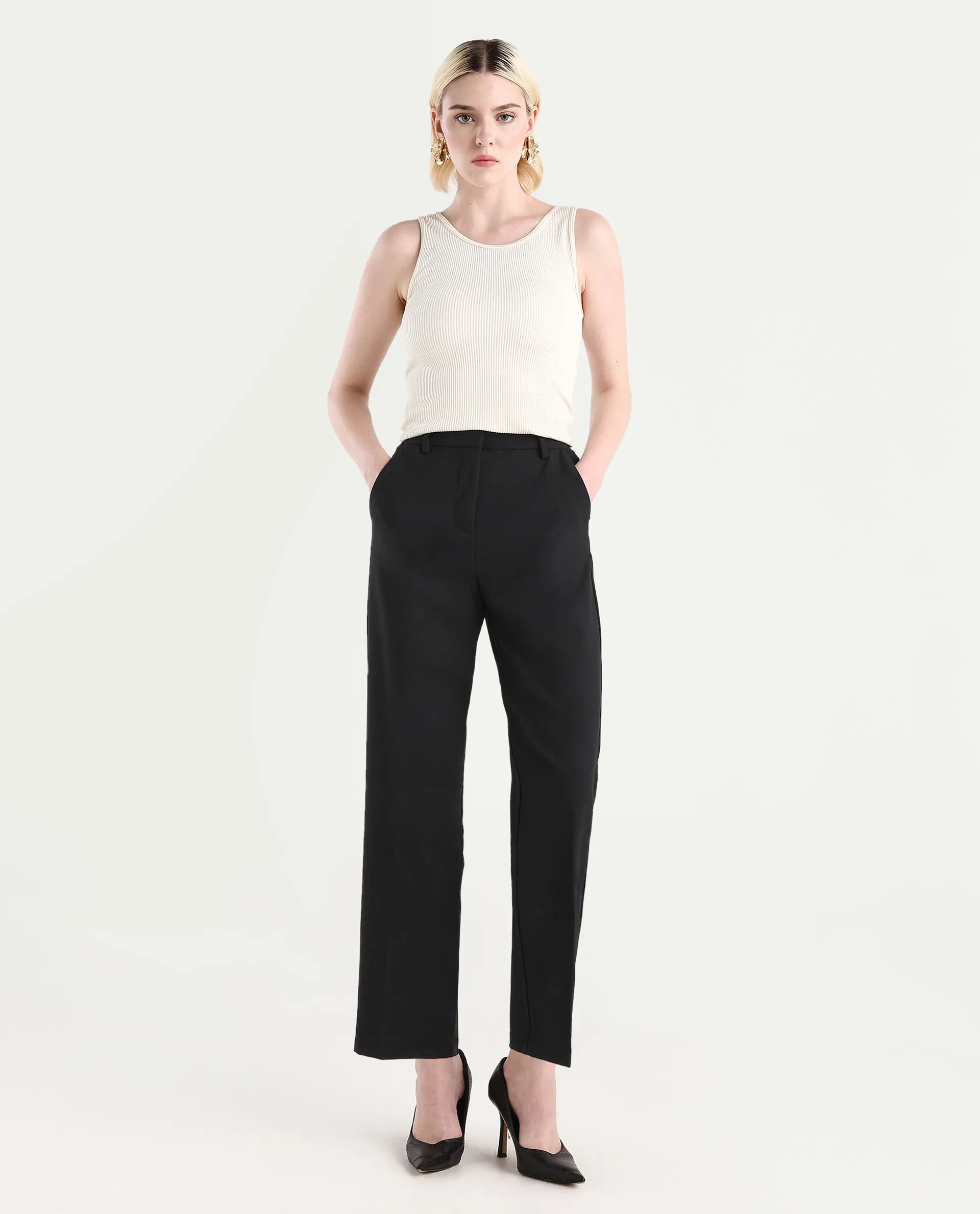 Rareism Women's Ronwip Black Polyester Blend Plain Ankle Length Straight Fit Trouser - Image 2