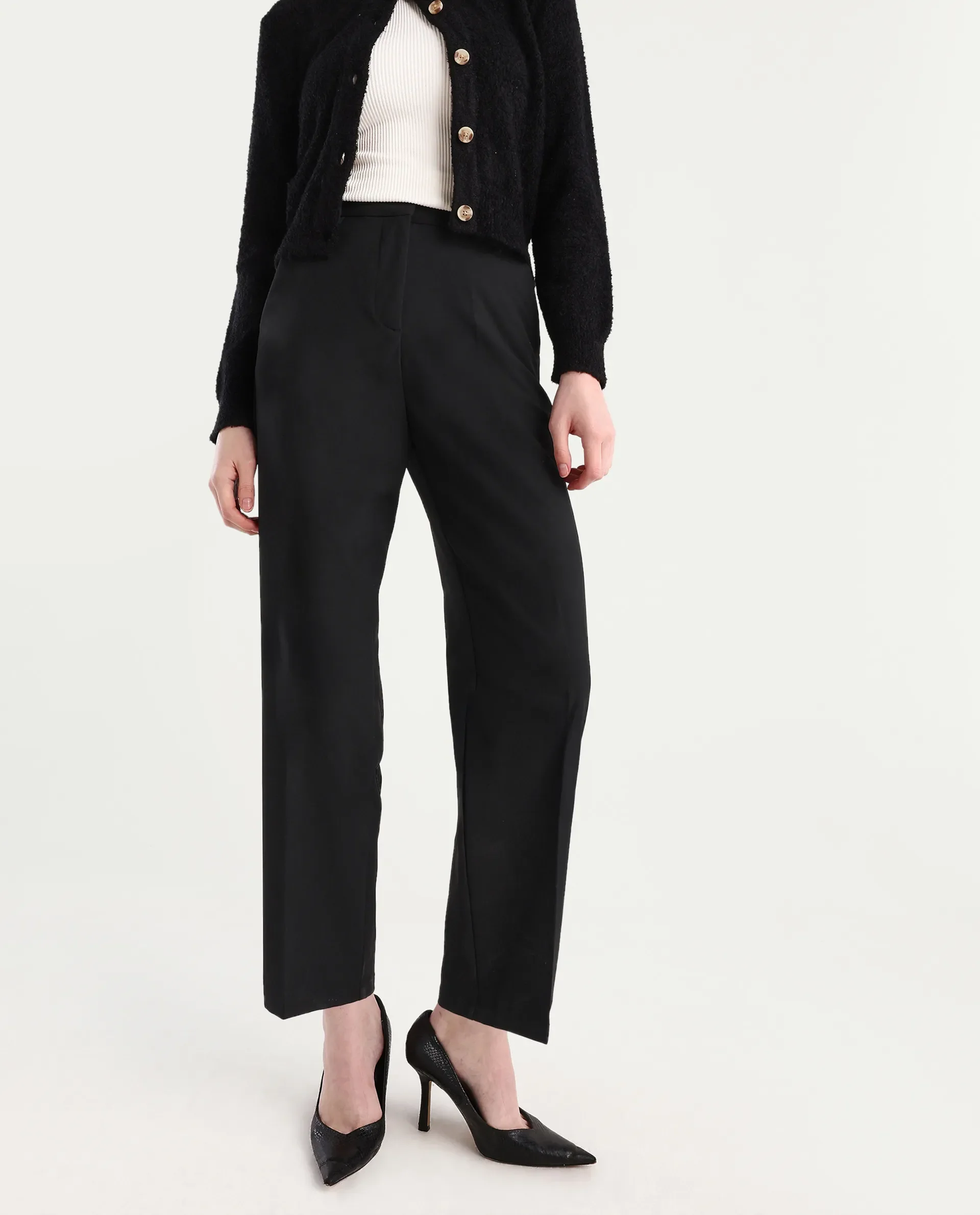 Rareism Women's Ronwip Black Polyester Blend Plain Ankle Length Straight Fit Trouser - Image 3