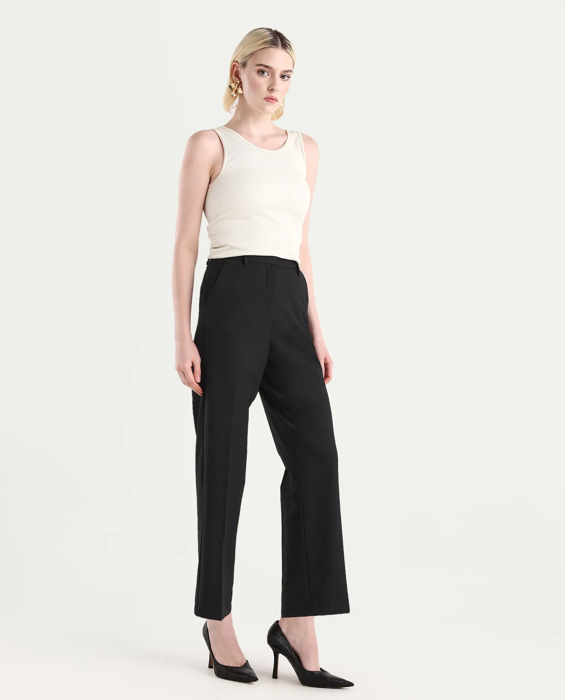 Rareism Women's Ronwip Black Polyester Blend Plain Ankle Length Straight Fit Trouser - Image 5