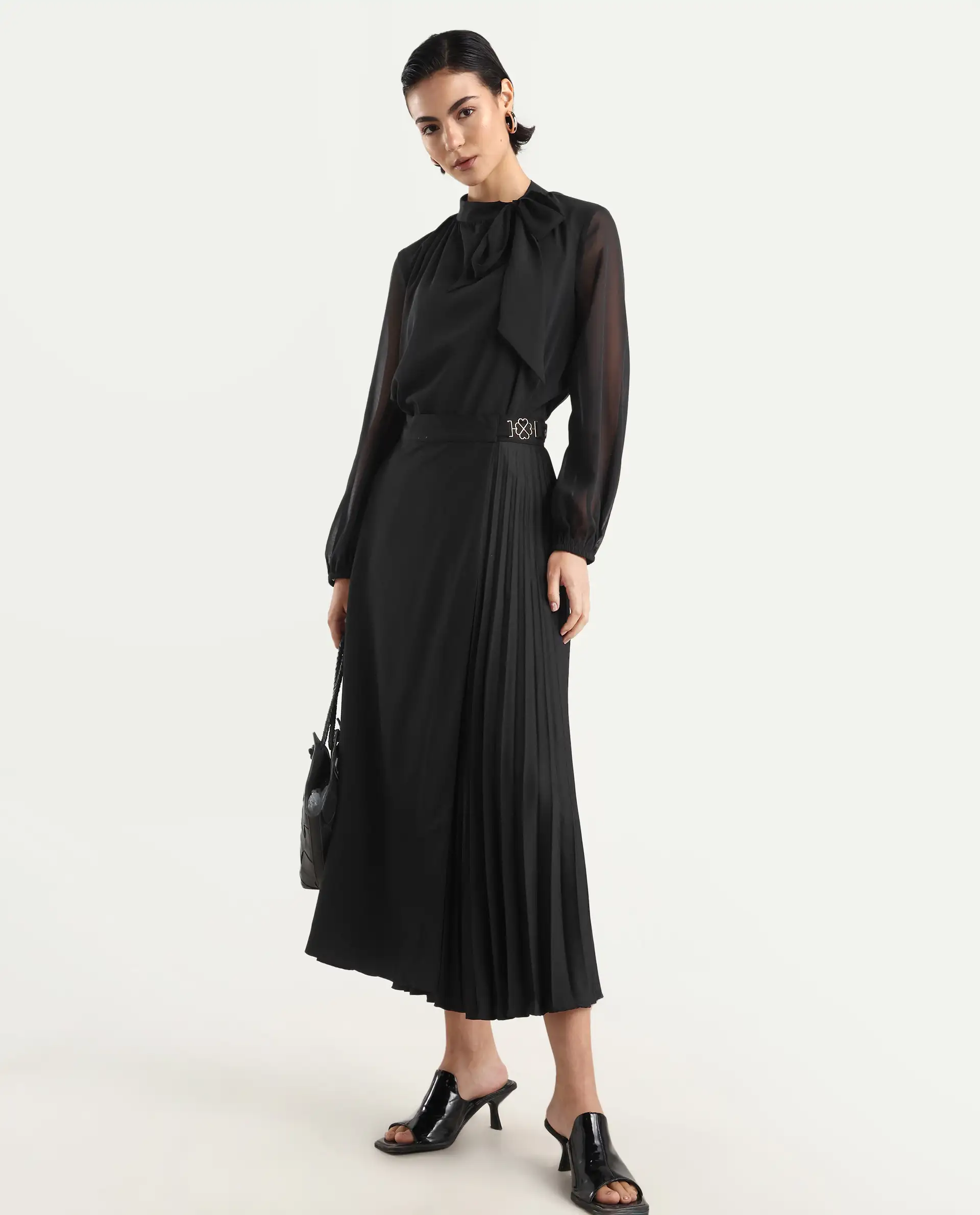 Rareism Women's Ronwiz Black Polyester Blend Plain Midi A-Line Skirt