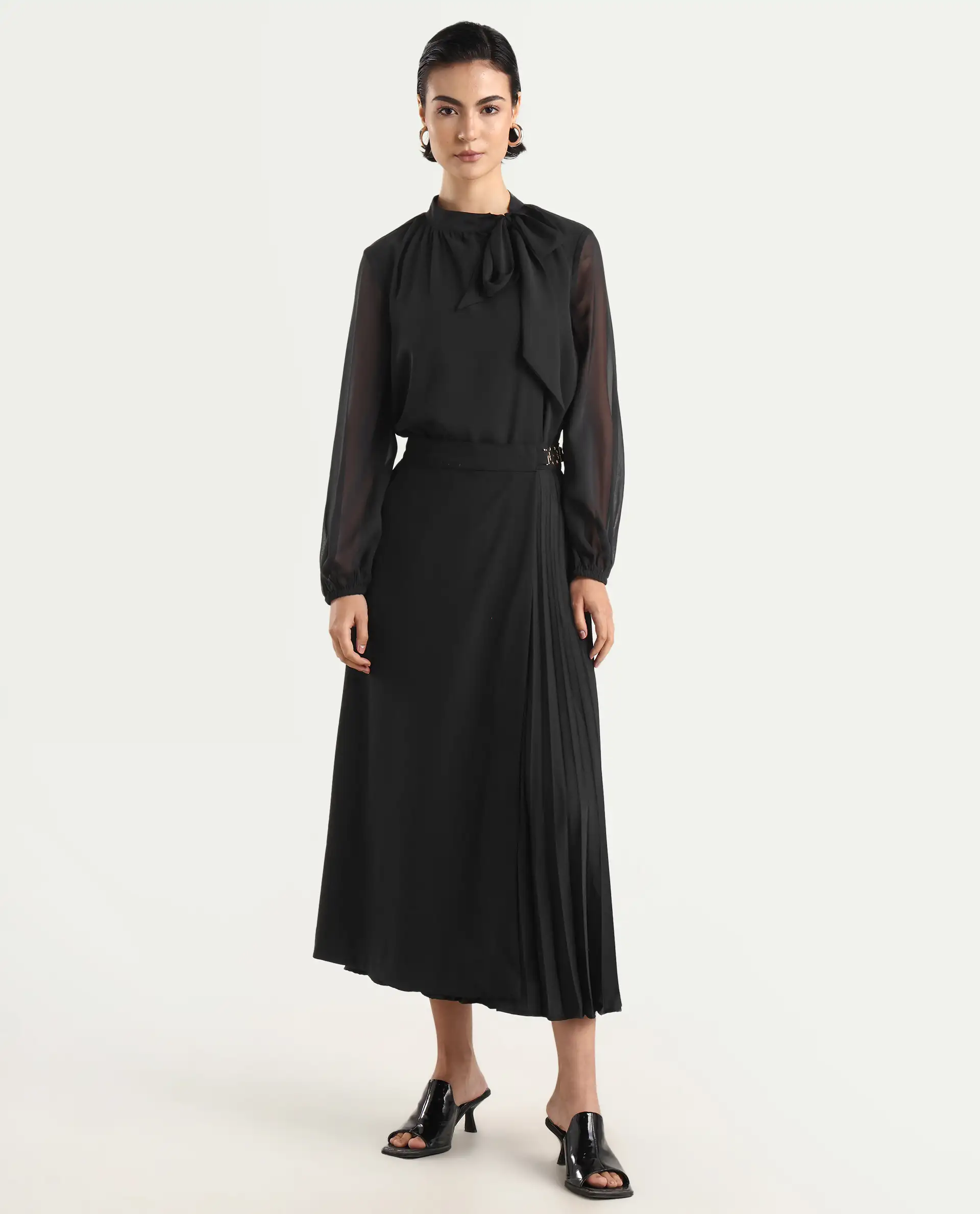 Rareism Women's Ronwiz Black Polyester Blend Plain Midi A-Line Skirt - Image 2