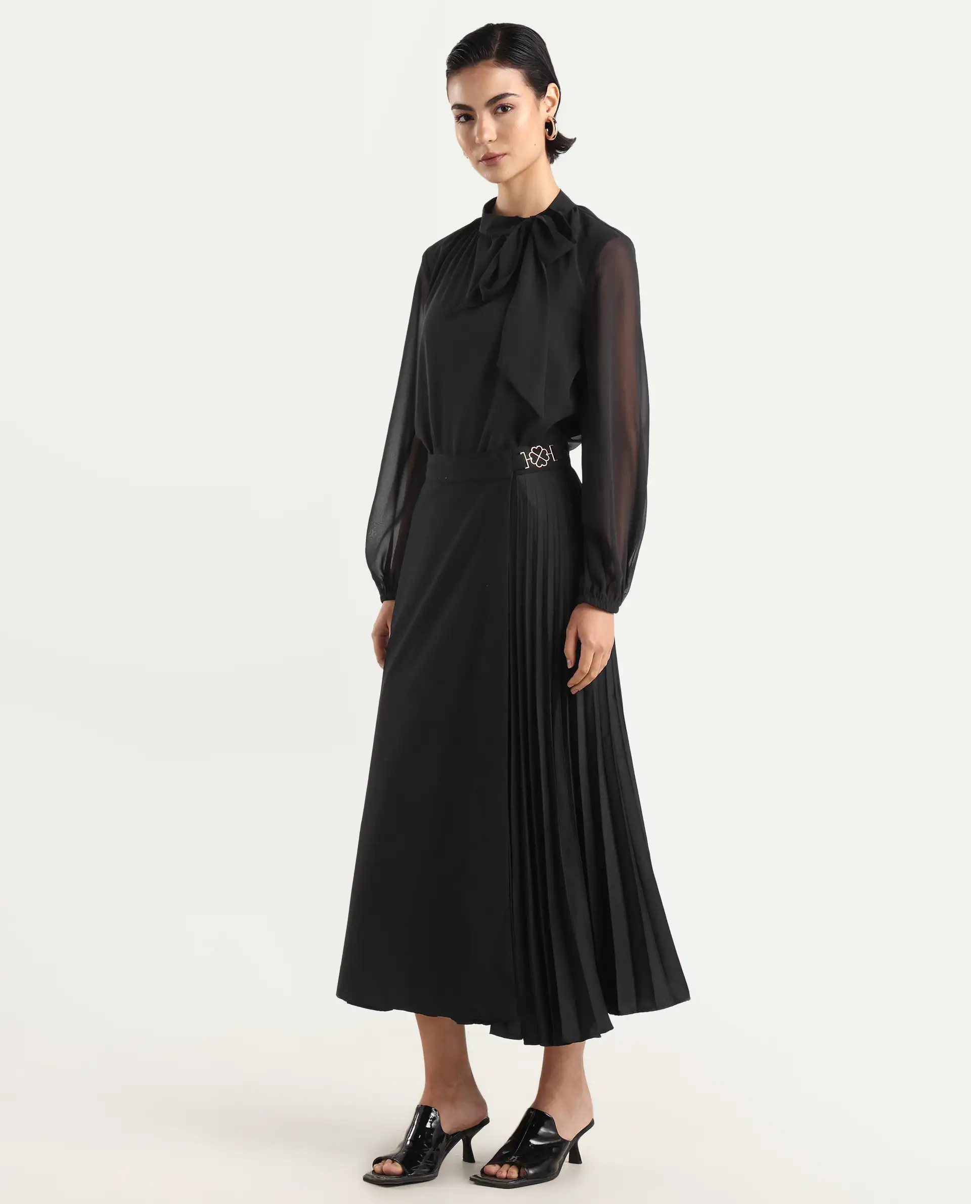 Rareism Women's Ronwiz Black Polyester Blend Plain Midi A-Line Skirt - Image 3