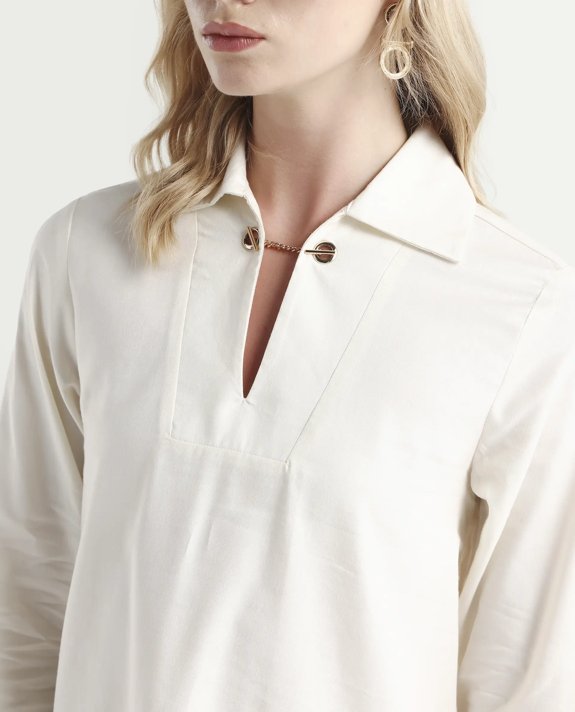 Rareism Women's Ronwok Off White Modal Spread Collar Plain Regular Fit Top - Image 4