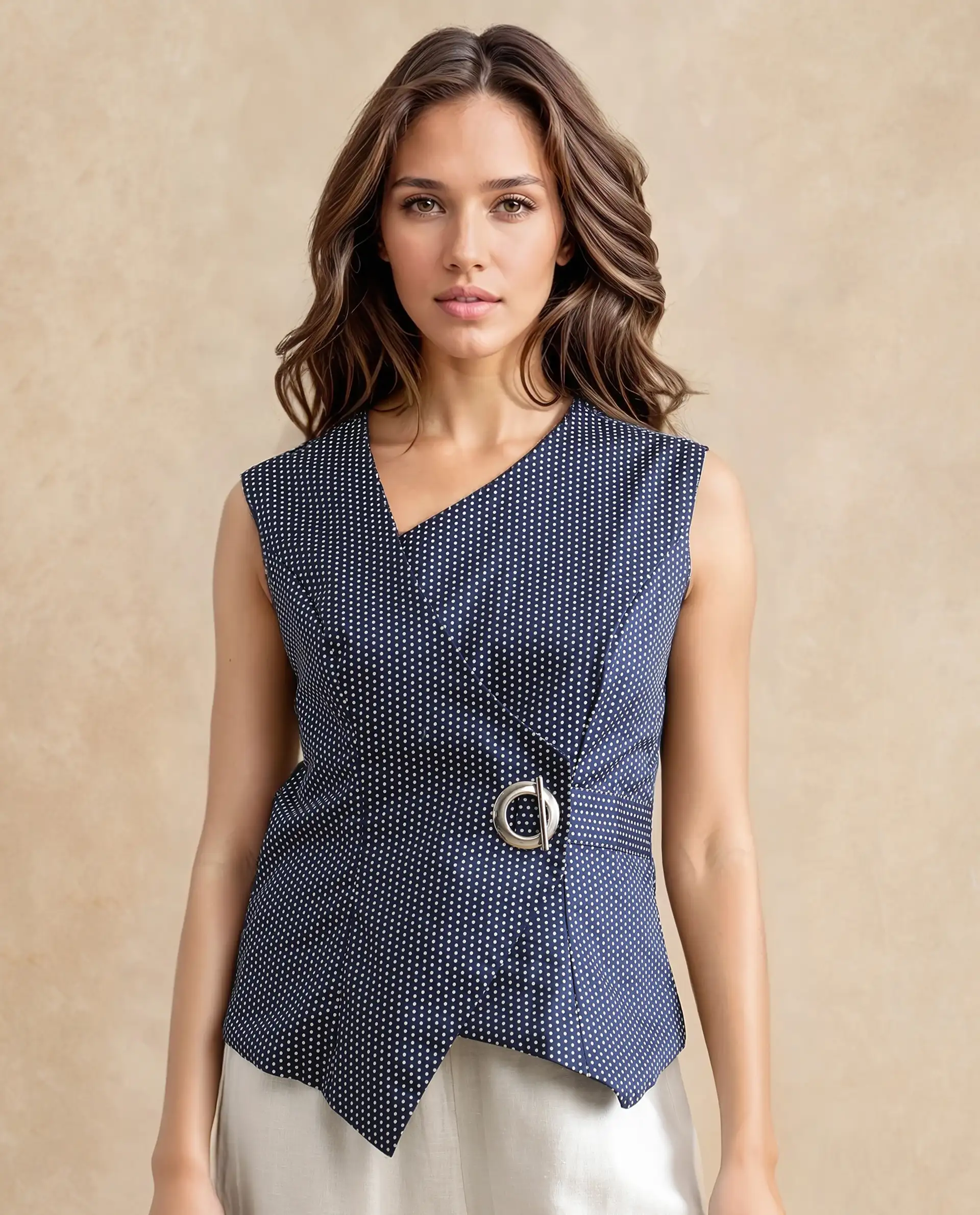 Rareism Women's Ronwolo Blue Cotton Overlap Neck Polka Print Sleeveless Regular Fit Top - Image 5