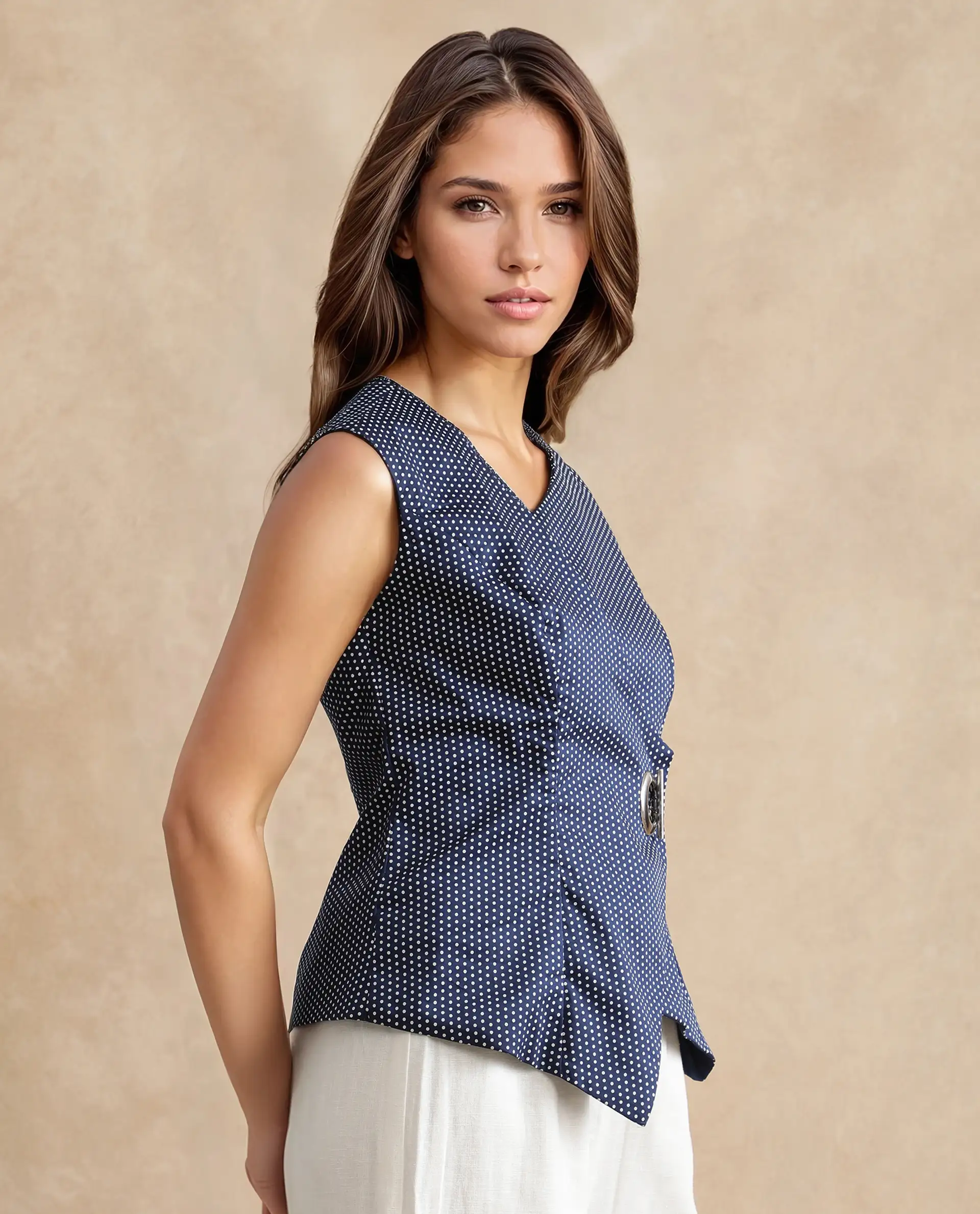 Rareism Women's Ronwolo Blue Cotton Overlap Neck Polka Print Sleeveless Regular Fit Top - Image 7