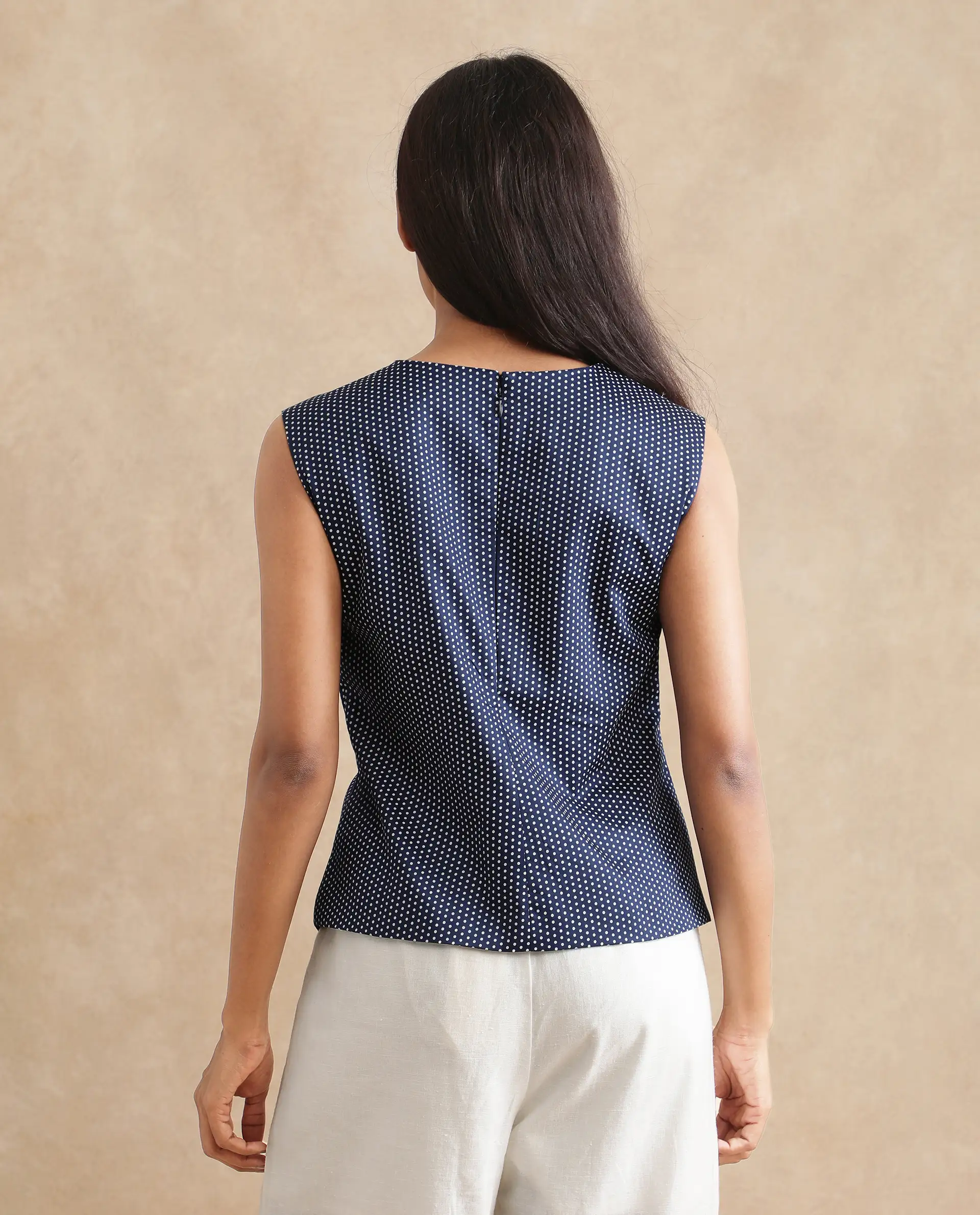 Rareism Women's Ronwolo Blue Cotton Overlap Neck Polka Print Sleeveless Regular Fit Top - Image 9