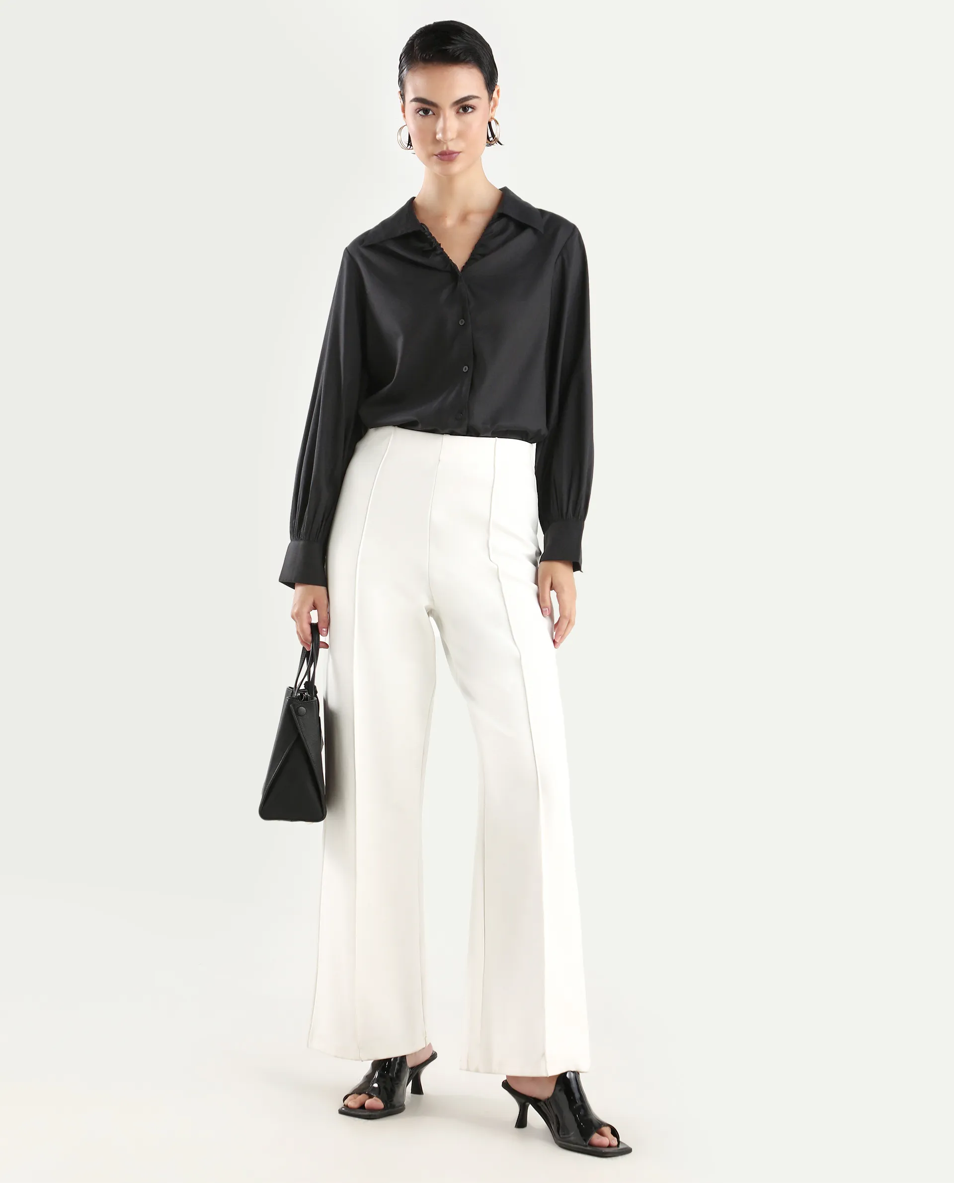 Rareism Women's Ronwopi Black Modal Spread Collar Plain Cuffed Sleeve Regular Fit Shirt - Image 2