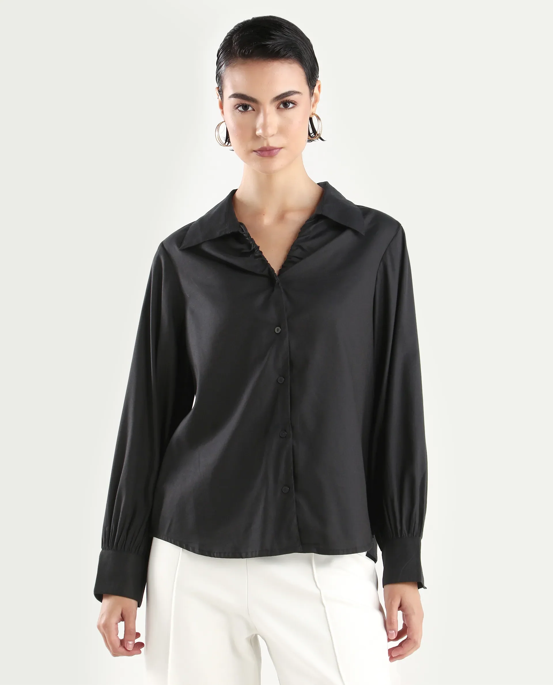 Rareism Women's Ronwopi Black Modal Spread Collar Plain Cuffed Sleeve Regular Fit Shirt - Image 3