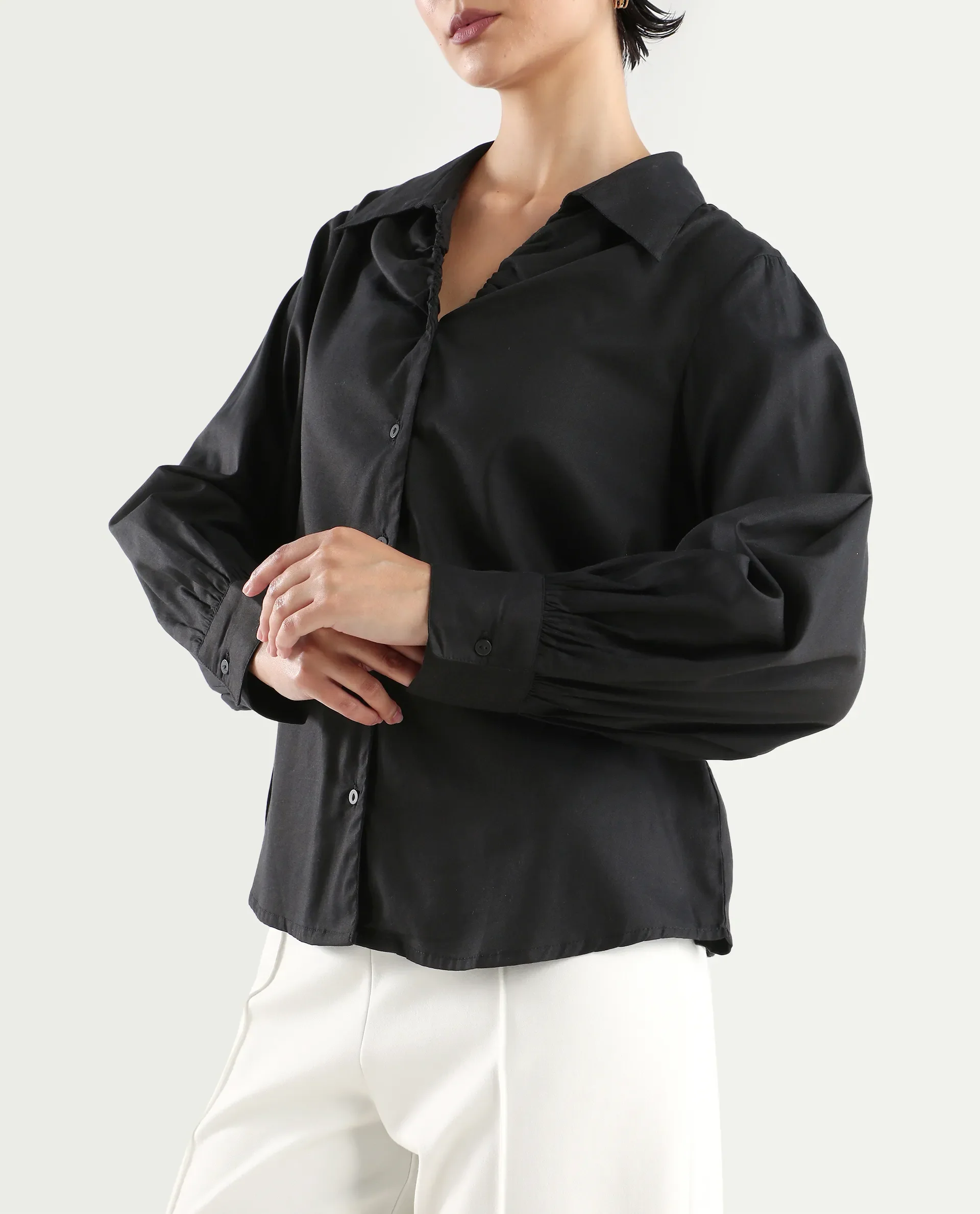 Rareism Women's Ronwopi Black Modal Spread Collar Plain Cuffed Sleeve Regular Fit Shirt - Image 5