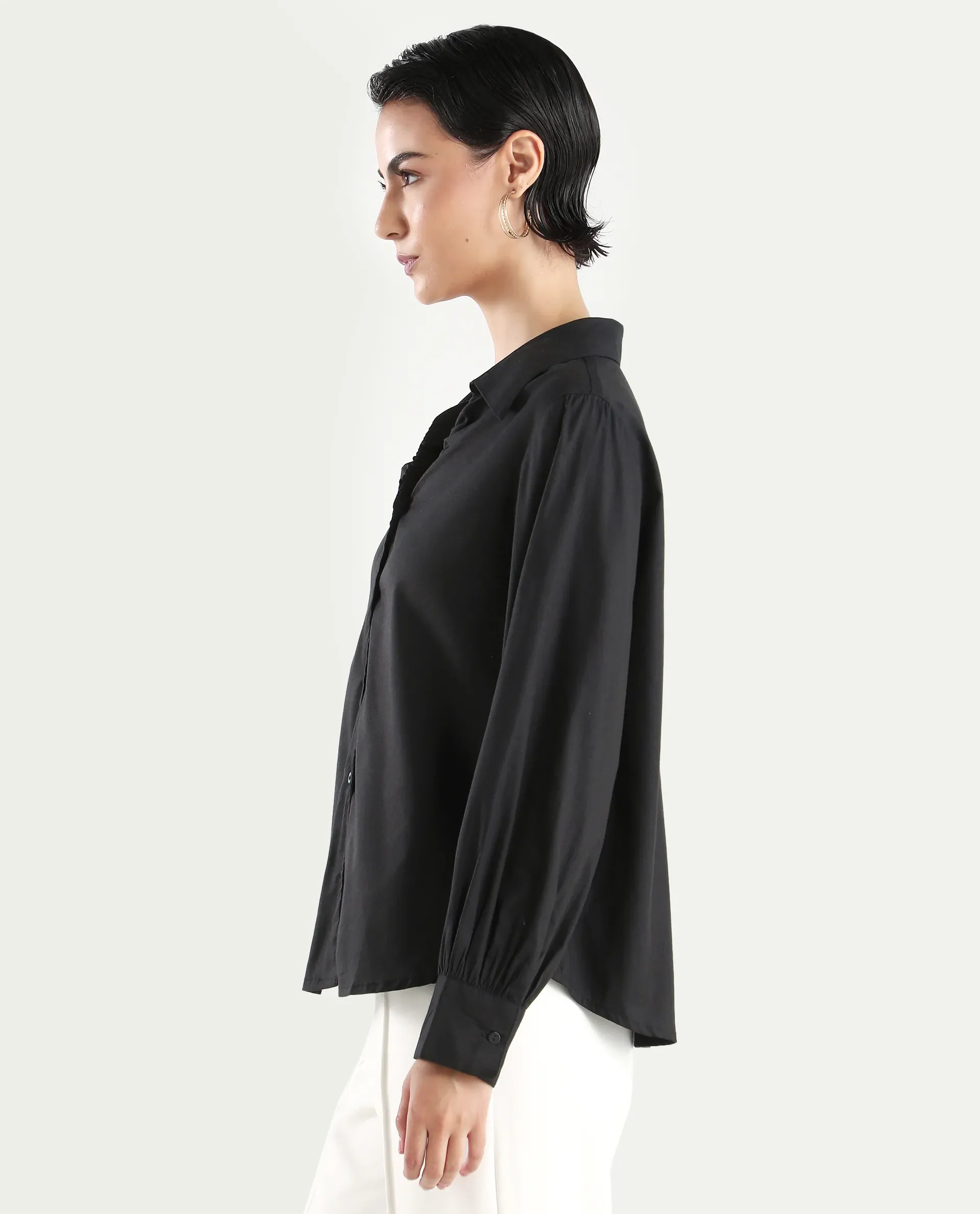 Rareism Women's Ronwopi Black Modal Spread Collar Plain Cuffed Sleeve Regular Fit Shirt - Image 6