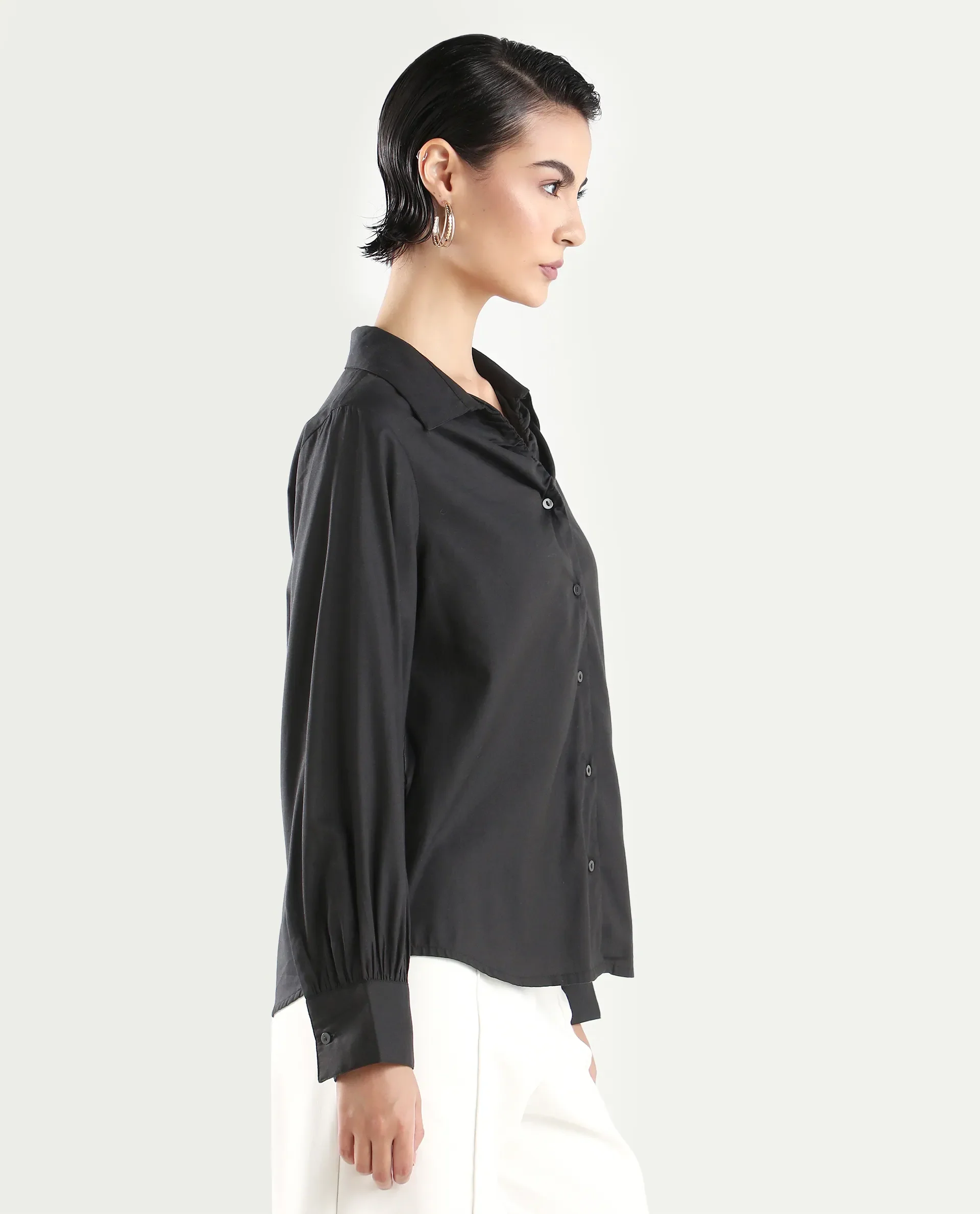Rareism Women's Ronwopi Black Modal Spread Collar Plain Cuffed Sleeve Regular Fit Shirt - Image 7
