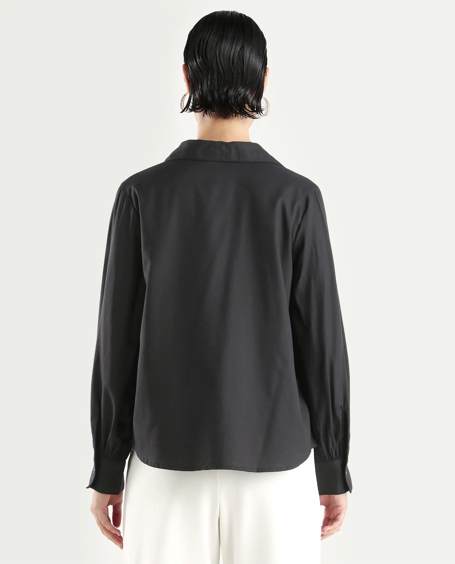 Rareism Women's Ronwopi Black Modal Spread Collar Plain Cuffed Sleeve Regular Fit Shirt - Image 8