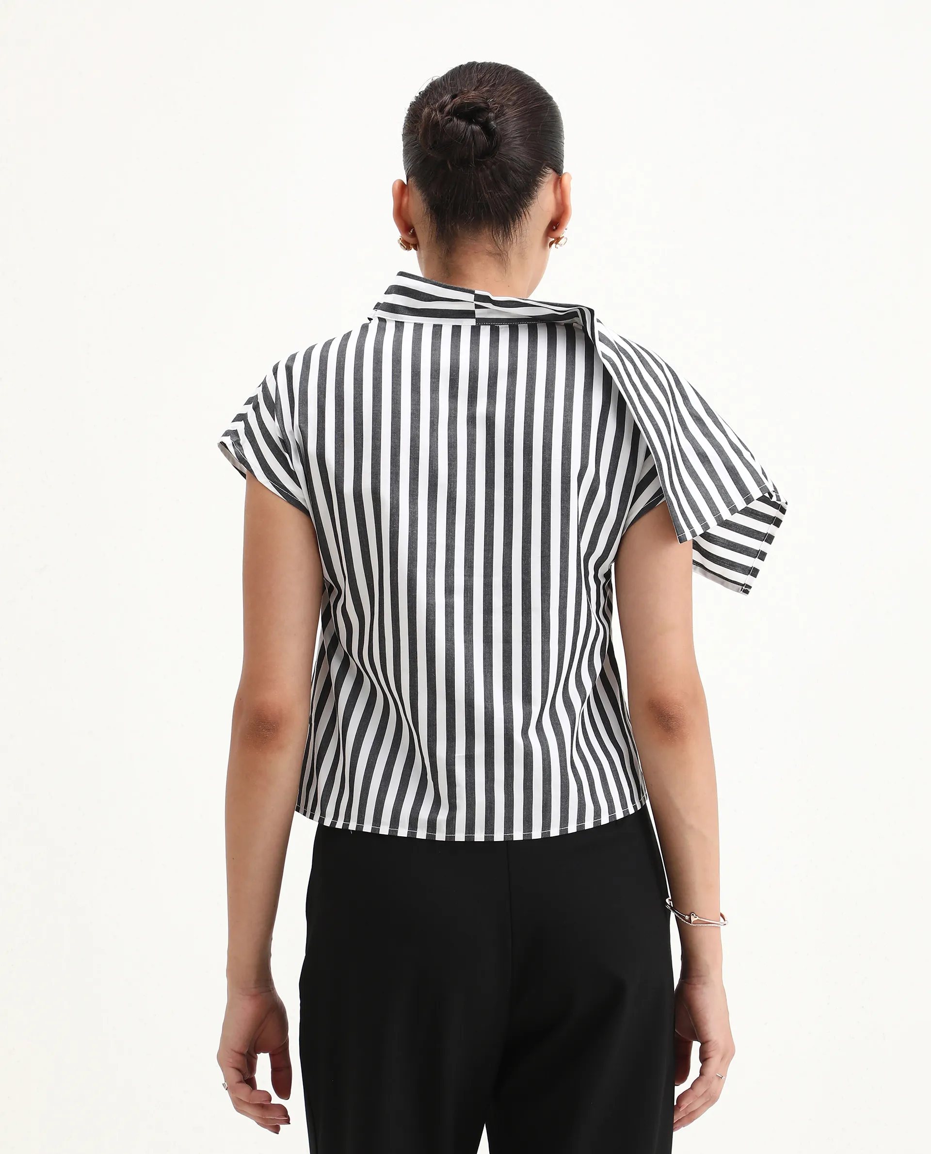 Rareism Women's Ronwor White Cotton Cowl Neck Striped Extended Sleeves Regular Fit Top - Image 3