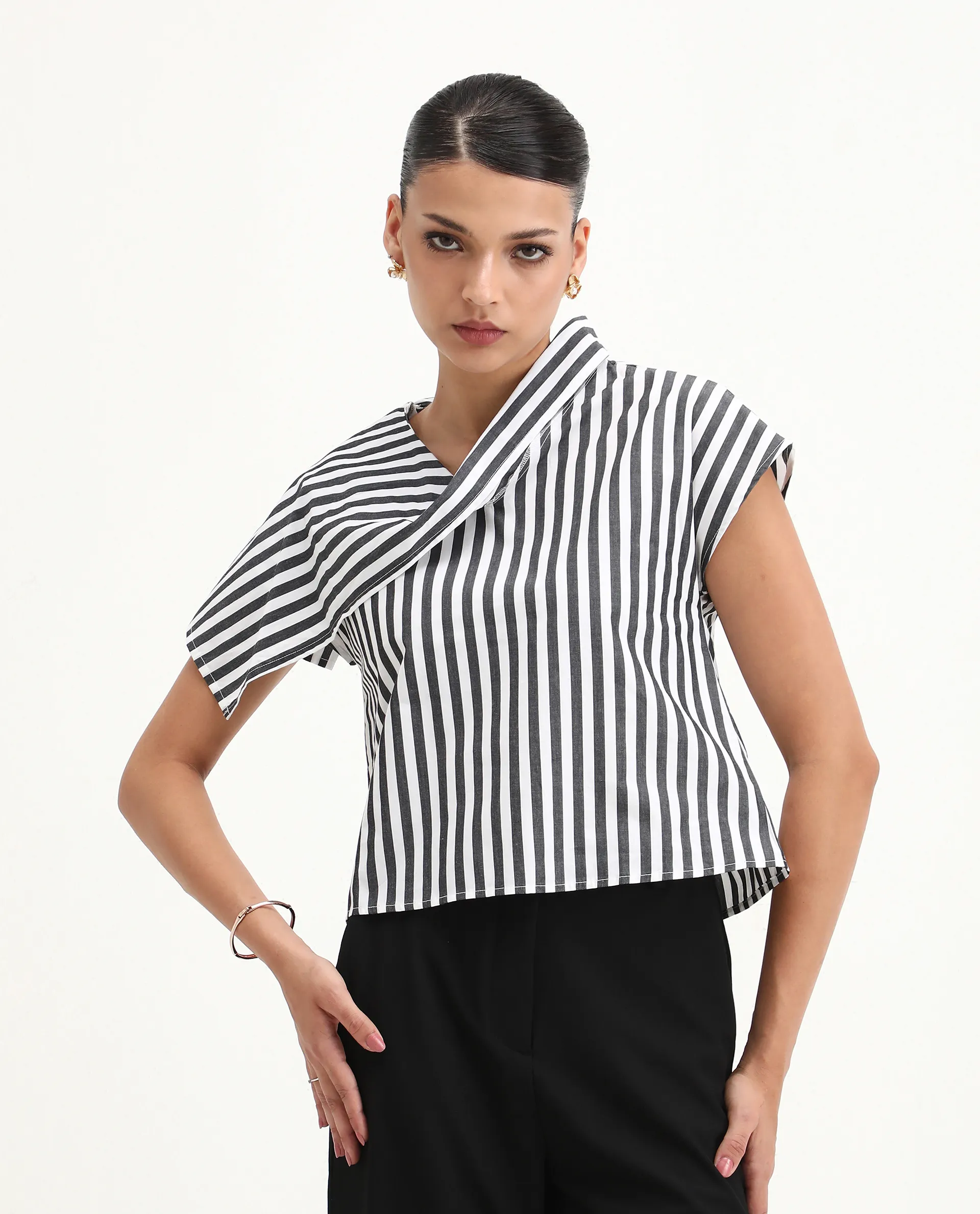 Rareism Women's Ronwor White Cotton Cowl Neck Striped Extended Sleeves Regular Fit Top - Image 4
