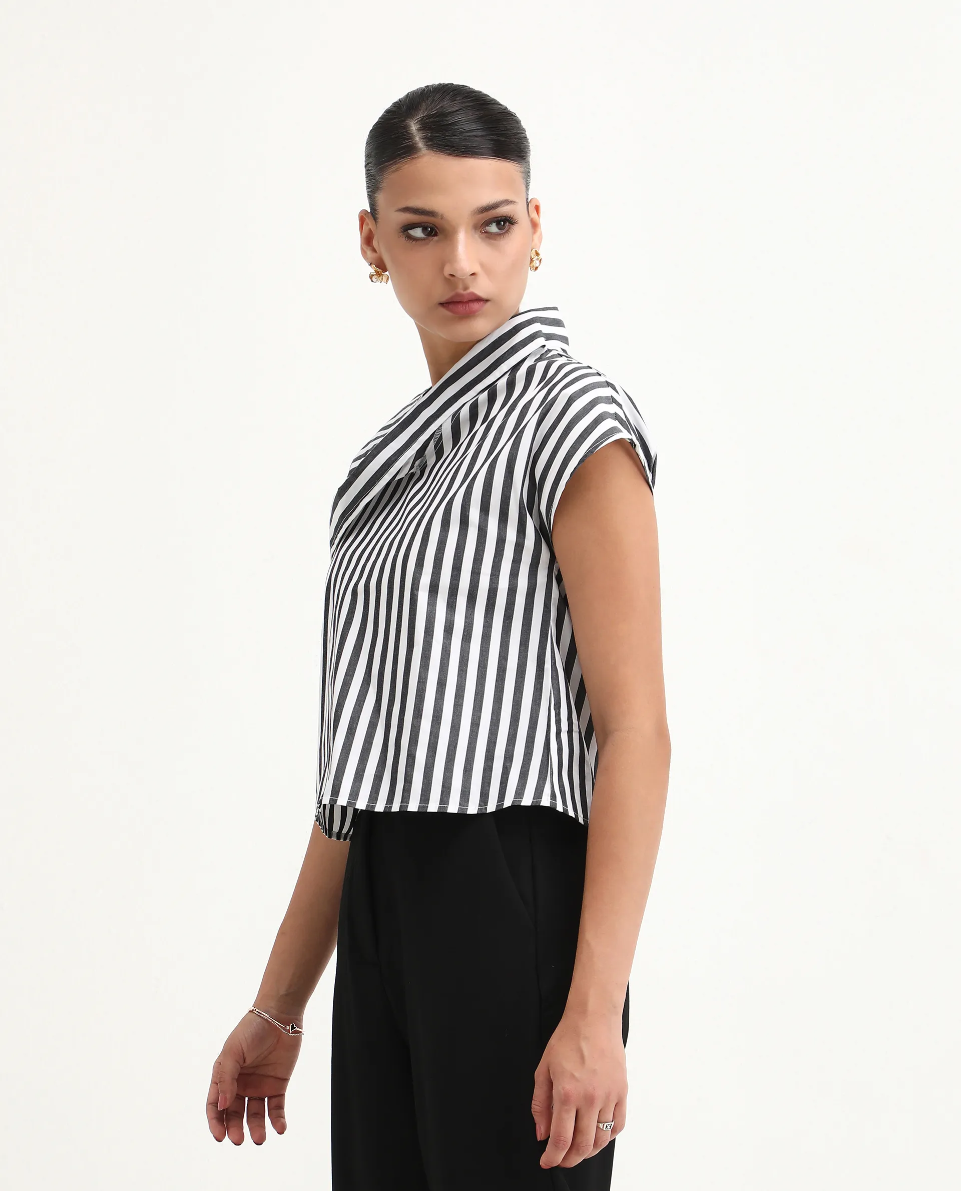 Rareism Women's Ronwor White Cotton Cowl Neck Striped Extended Sleeves Regular Fit Top - Image 5