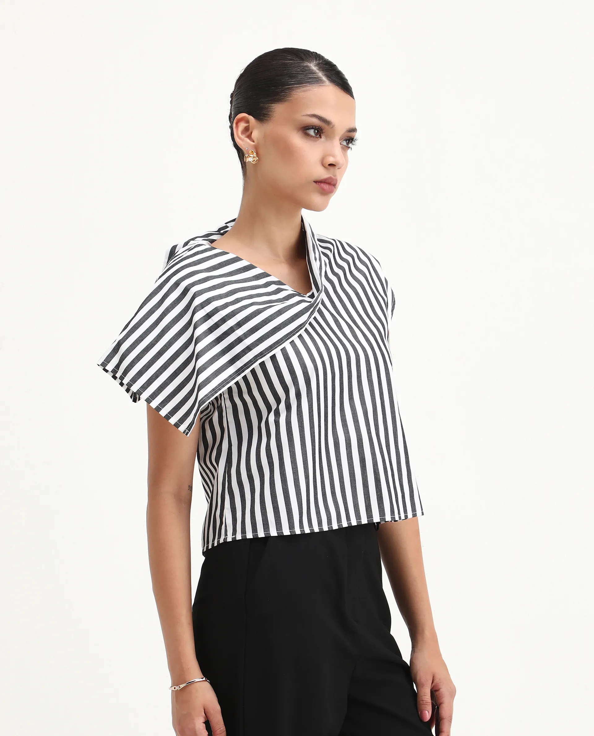 Rareism Women's Ronwor White Cotton Cowl Neck Striped Extended Sleeves Regular Fit Top - Image 6
