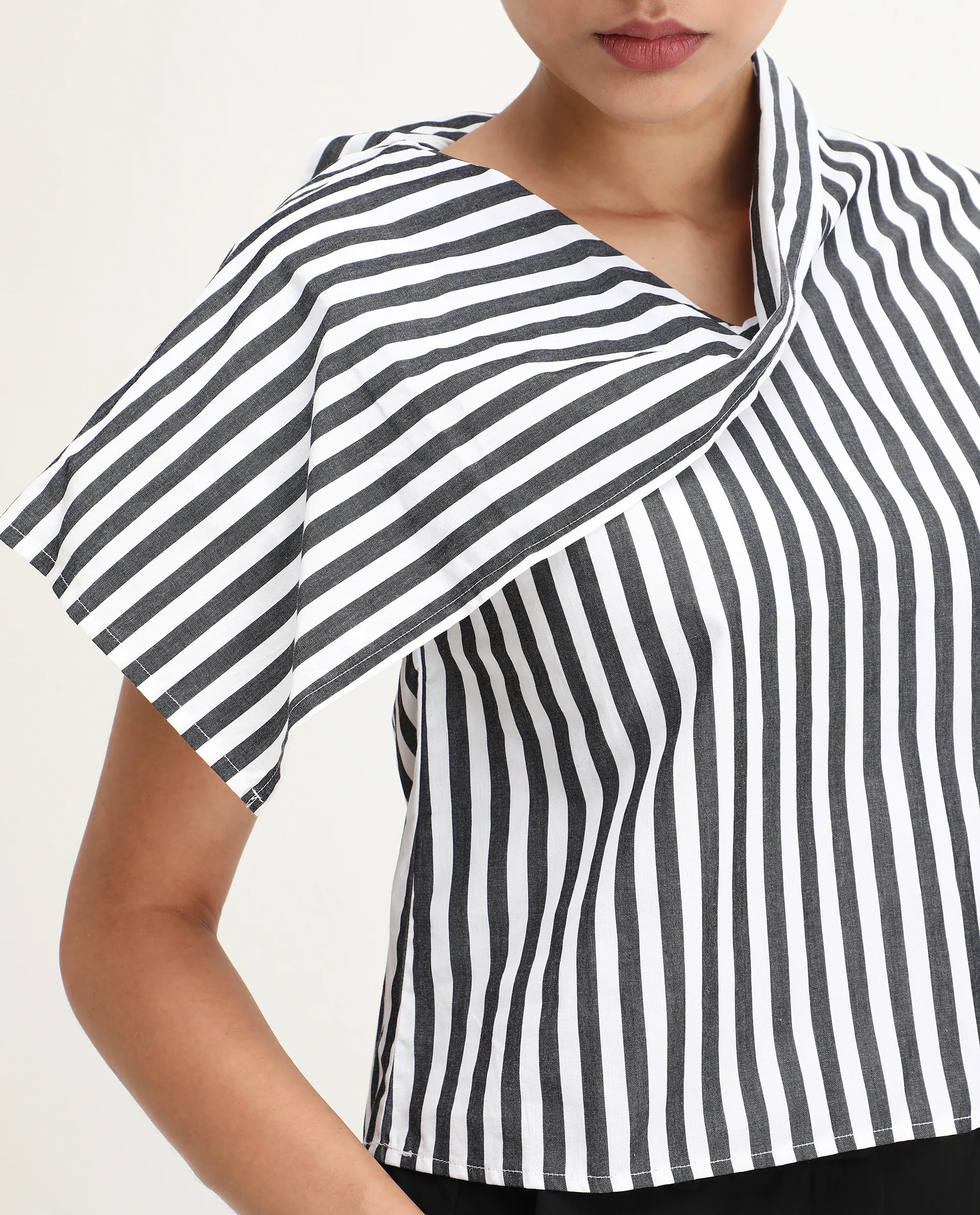 Rareism Women's Ronwor White Cotton Cowl Neck Striped Extended Sleeves Regular Fit Top - Image 7
