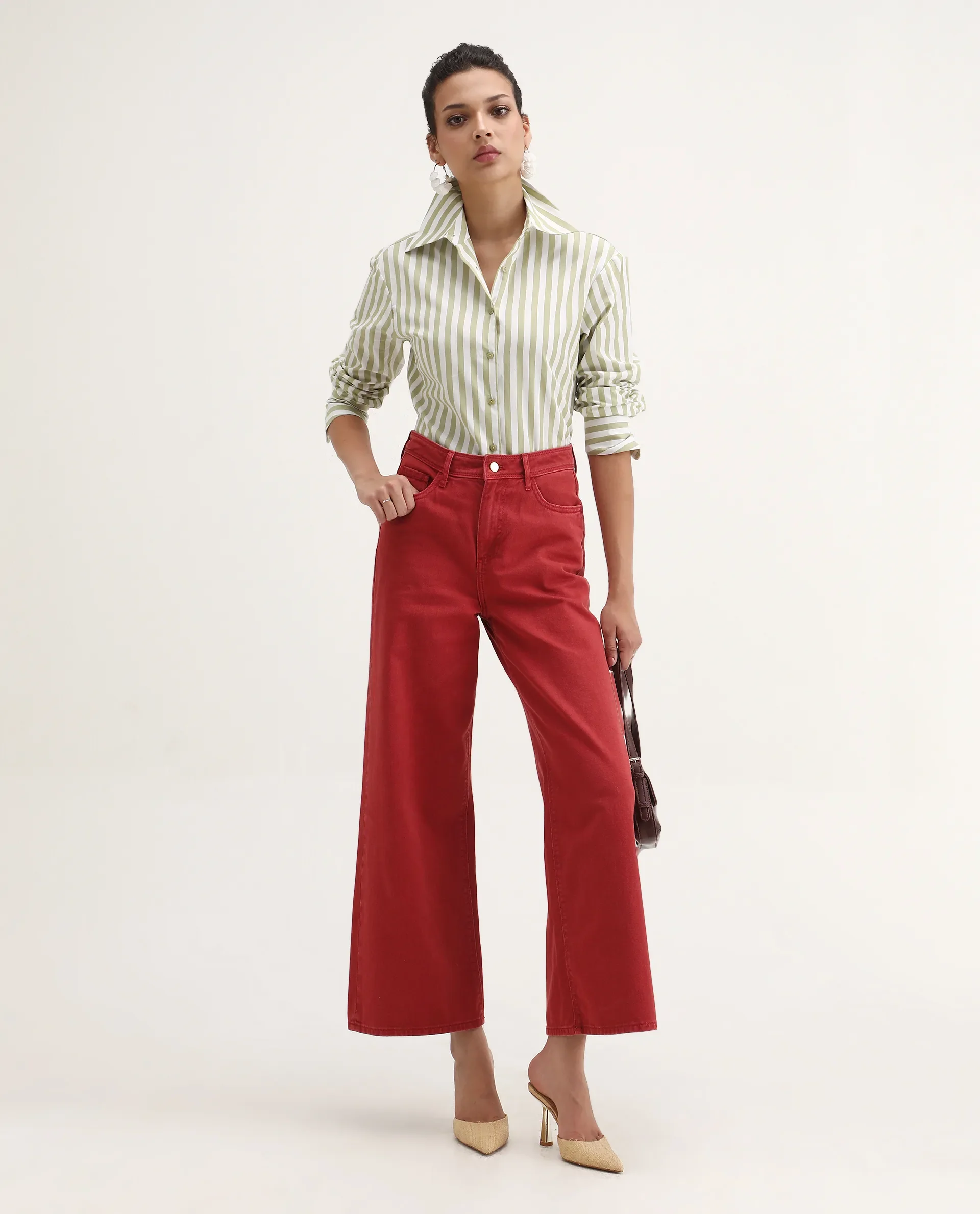 Rareism Women's Ronwoz Green Cotton Spread Collar Striped Cuffed Sleeve Regular Fit Shirt - Image 2