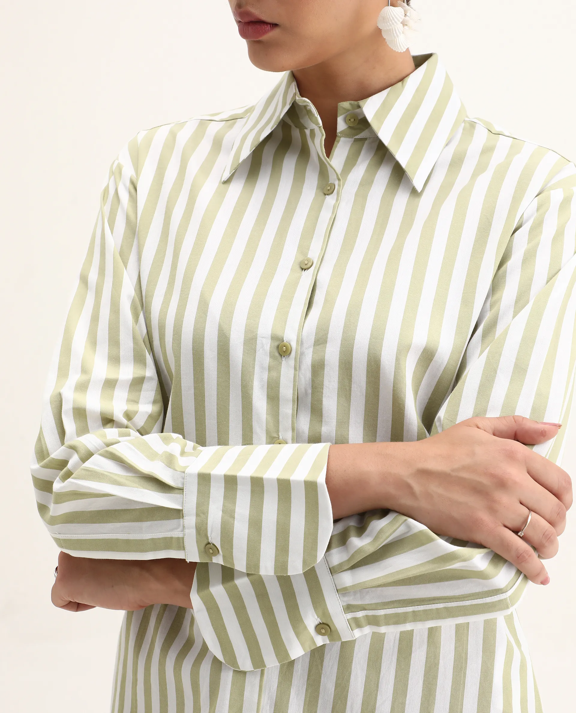 Rareism Women's Ronwoz Green Cotton Spread Collar Striped Cuffed Sleeve Regular Fit Shirt - Image 3